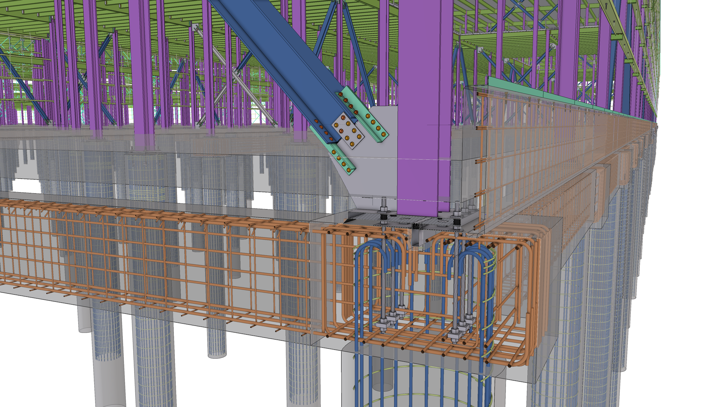 A detailed 3D model of a building's structural framework showing steel beams, columns, and piping, with a focus on the support structures and construction elements.
