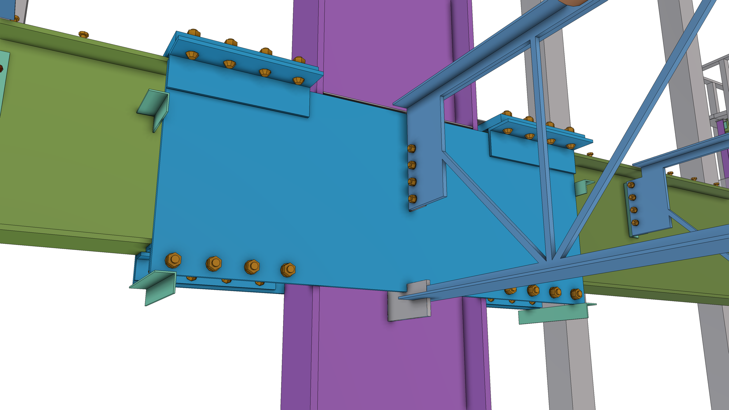 Colorful 3D model of a structural steel framework with bolts, painted in shades of green, blue, purple, gray, and teal.