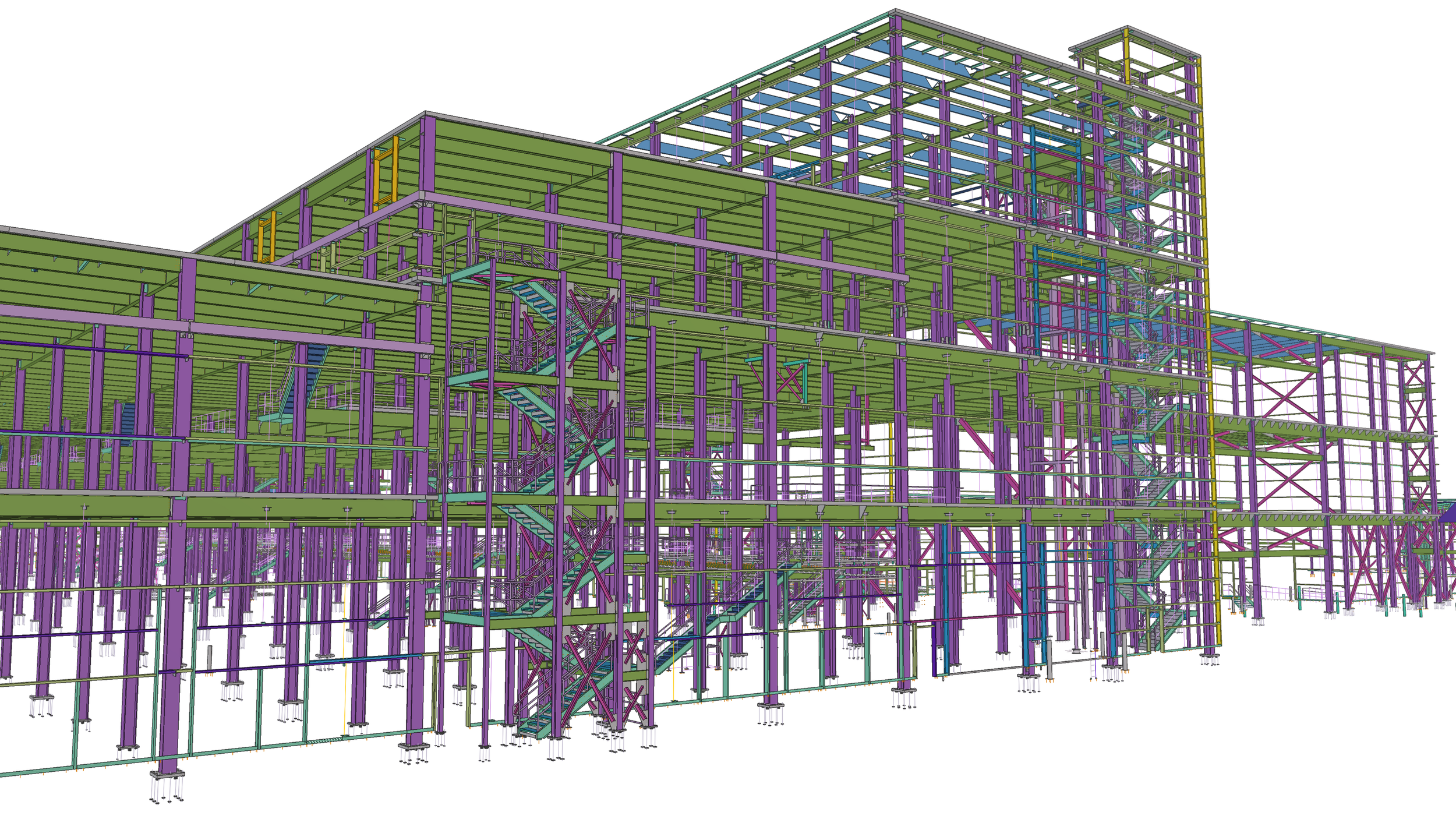 Color-coded 3D structural model of a multi-story building framework with staircases, beams, and columns.