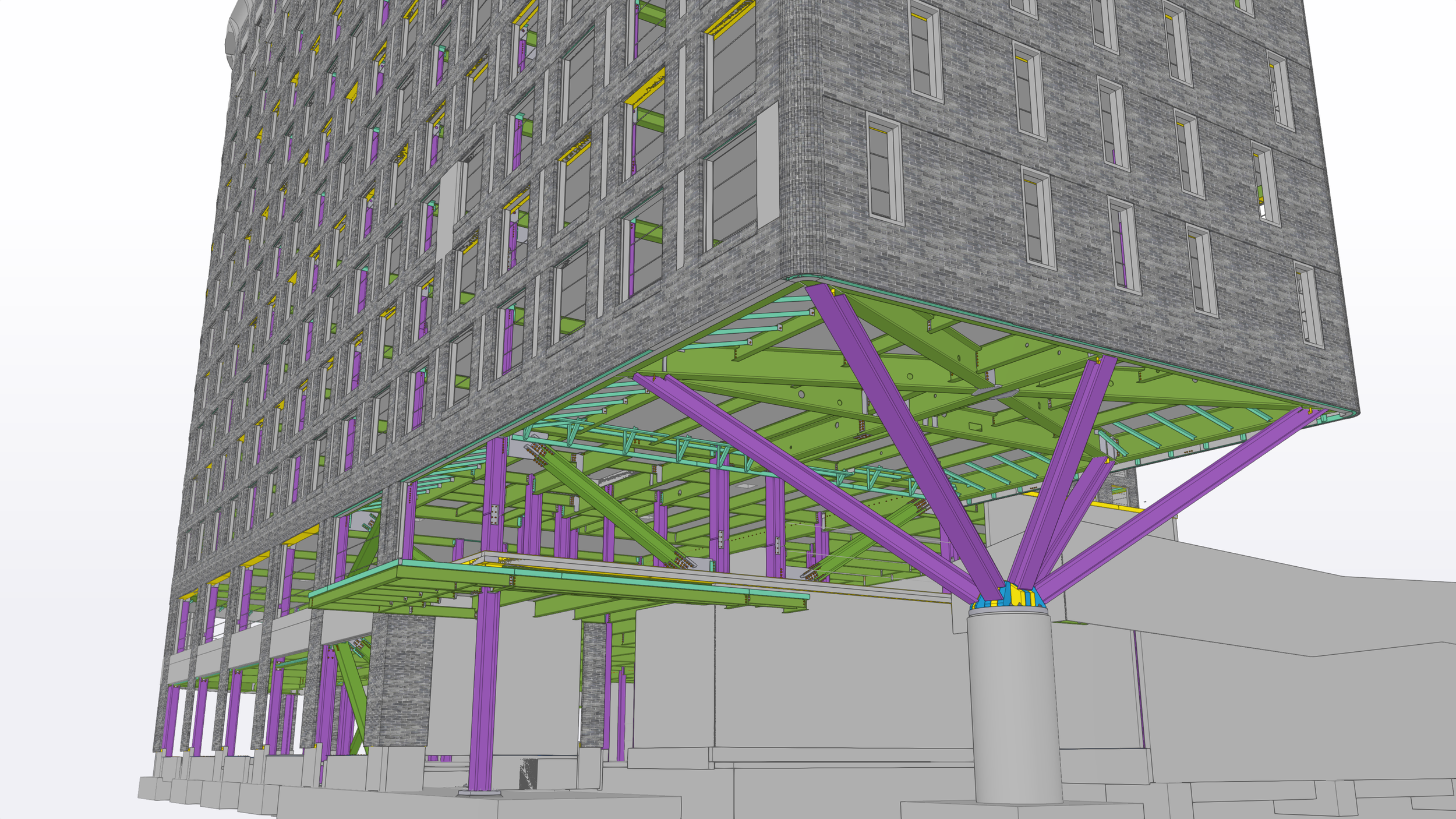 Digital architectural rendering of a building's structural framework showing steel supports, concrete walls, and exterior brick facade.
