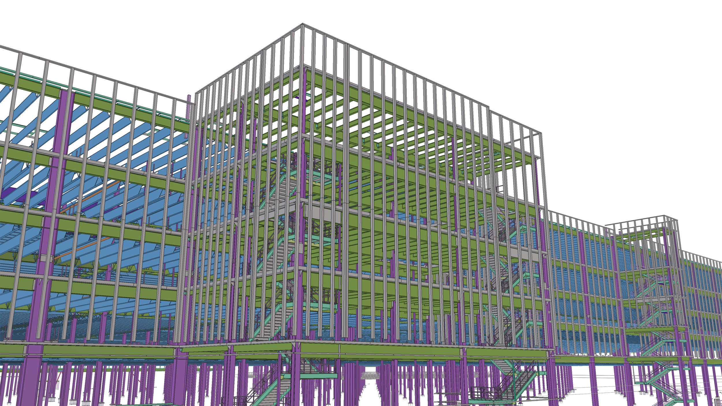 A digital rendering of a multi-level building under construction showing steel framework with vertical and horizontal beams in purple, green, and blue, with staircases and open spaces.