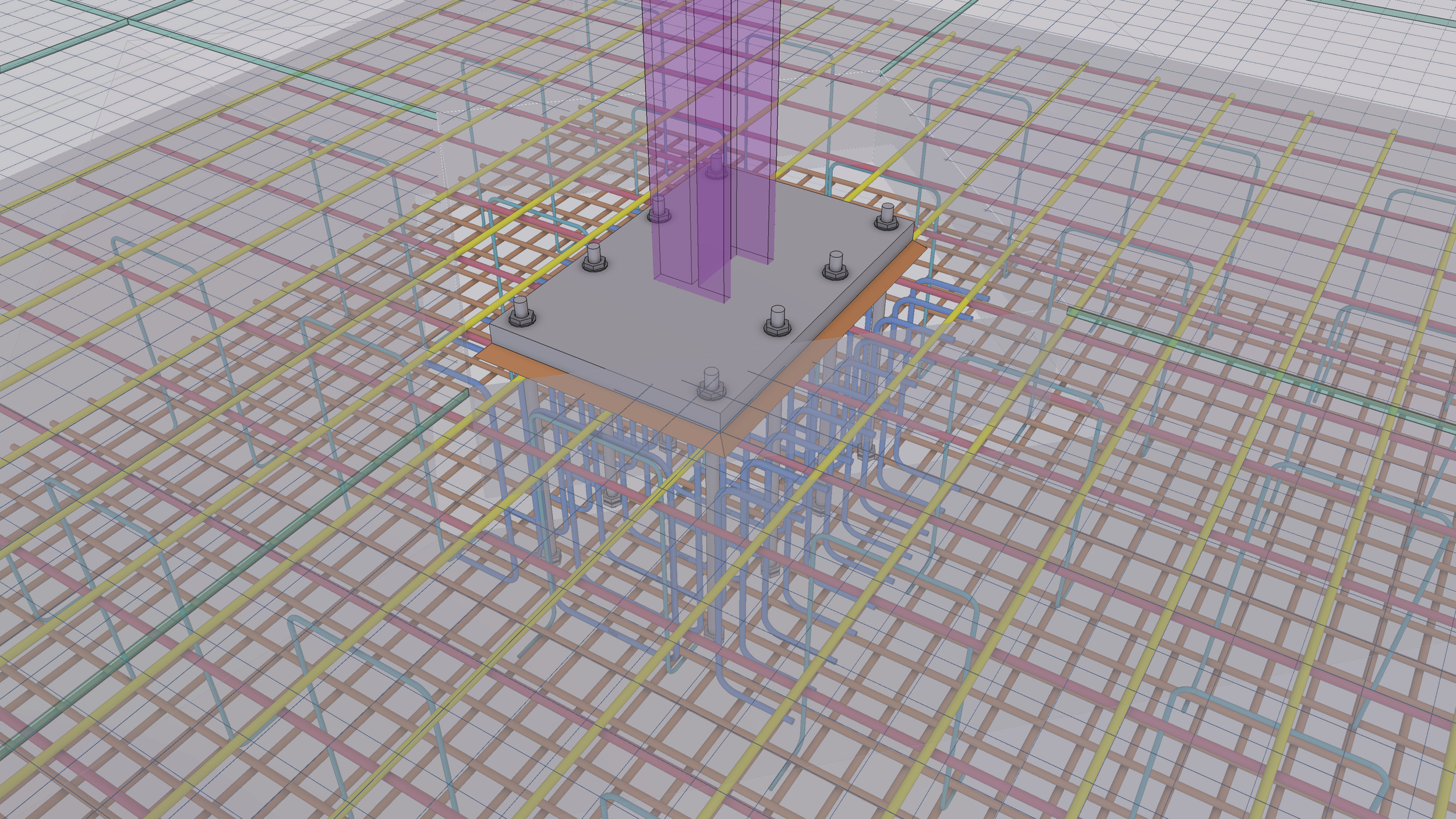 A computer-aided design (CAD) rendering of a building foundation with a steel rebar grid and a concrete support column.