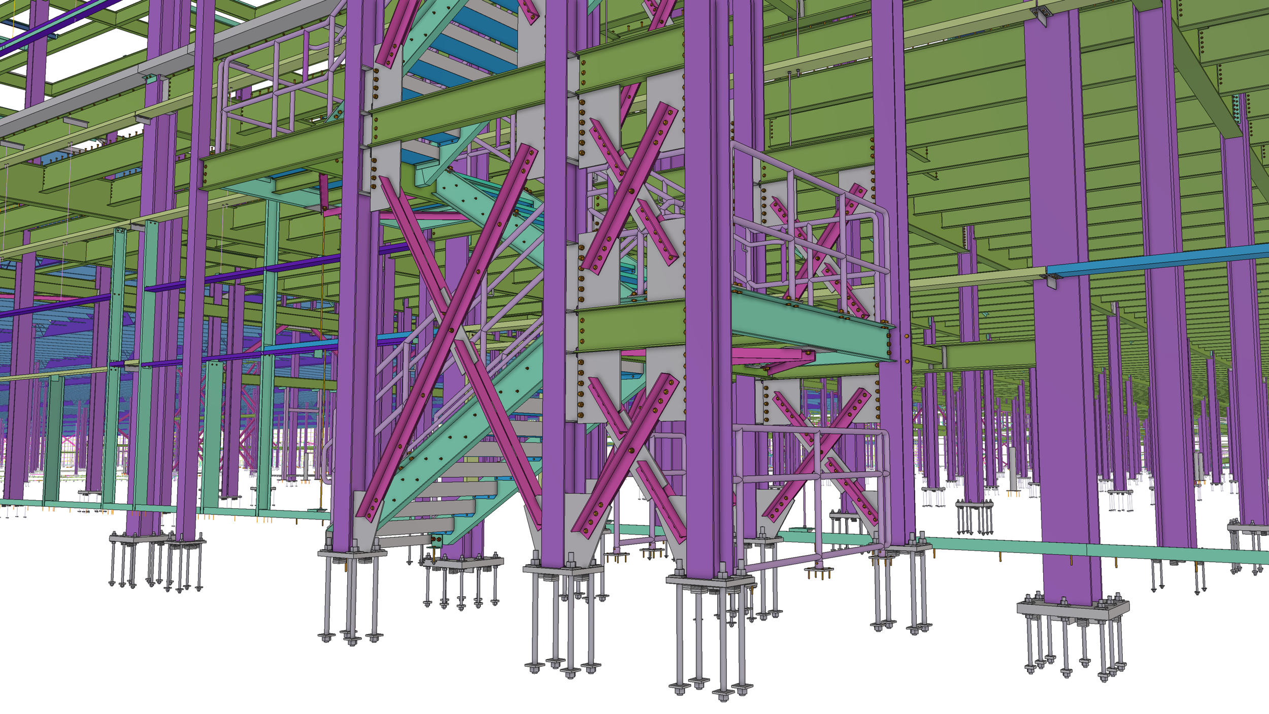 A digital rendering of a construction site with a steel framework. The structure includes multiple vertical purple columns, horizontal green beams, and diagonal purple and teal braces. The foundation consists of metal supports and adjustable screw ja