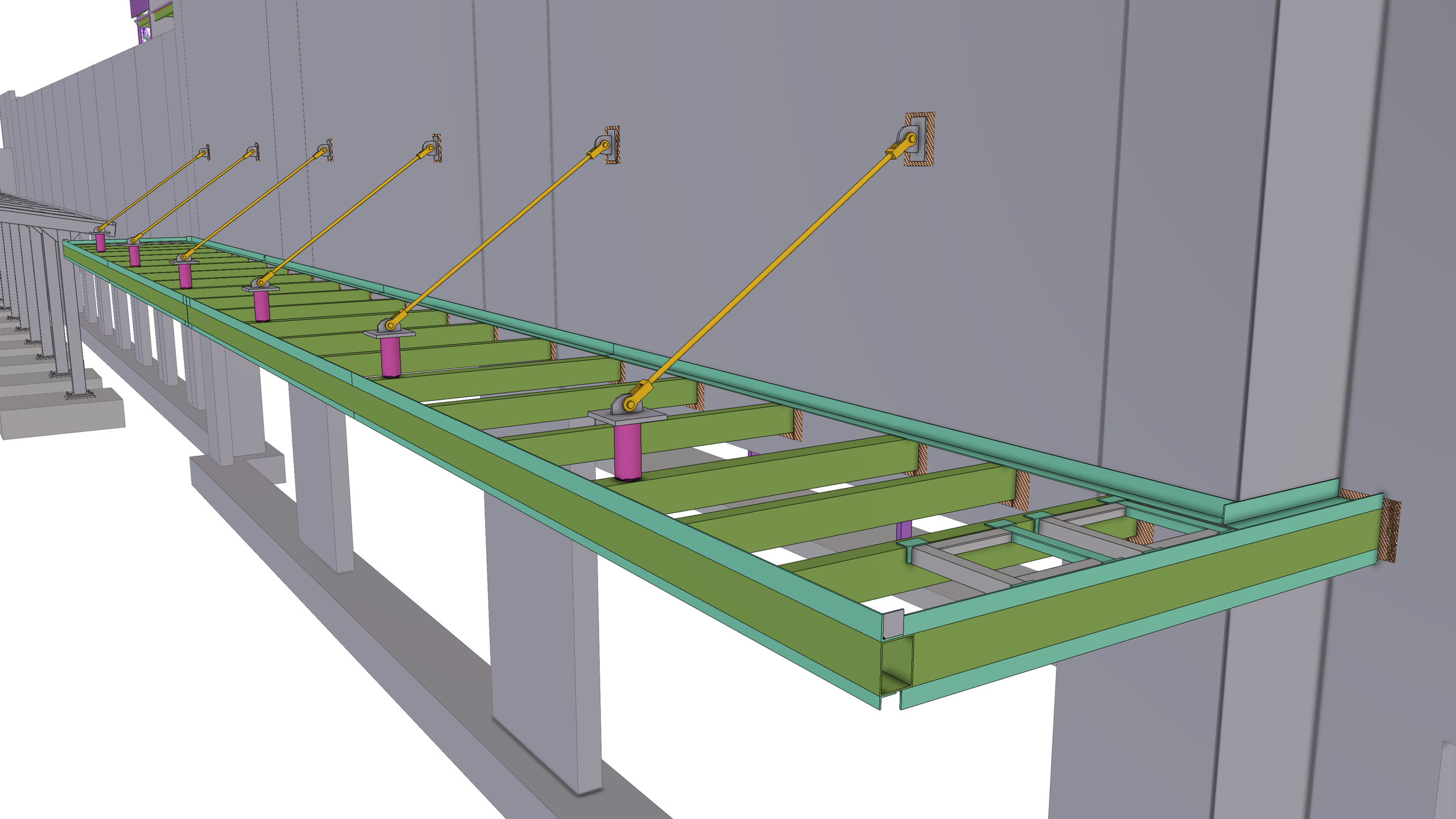 3D model of a bridge construction showing supports, beams, and a partially assembled deck along a building wall.