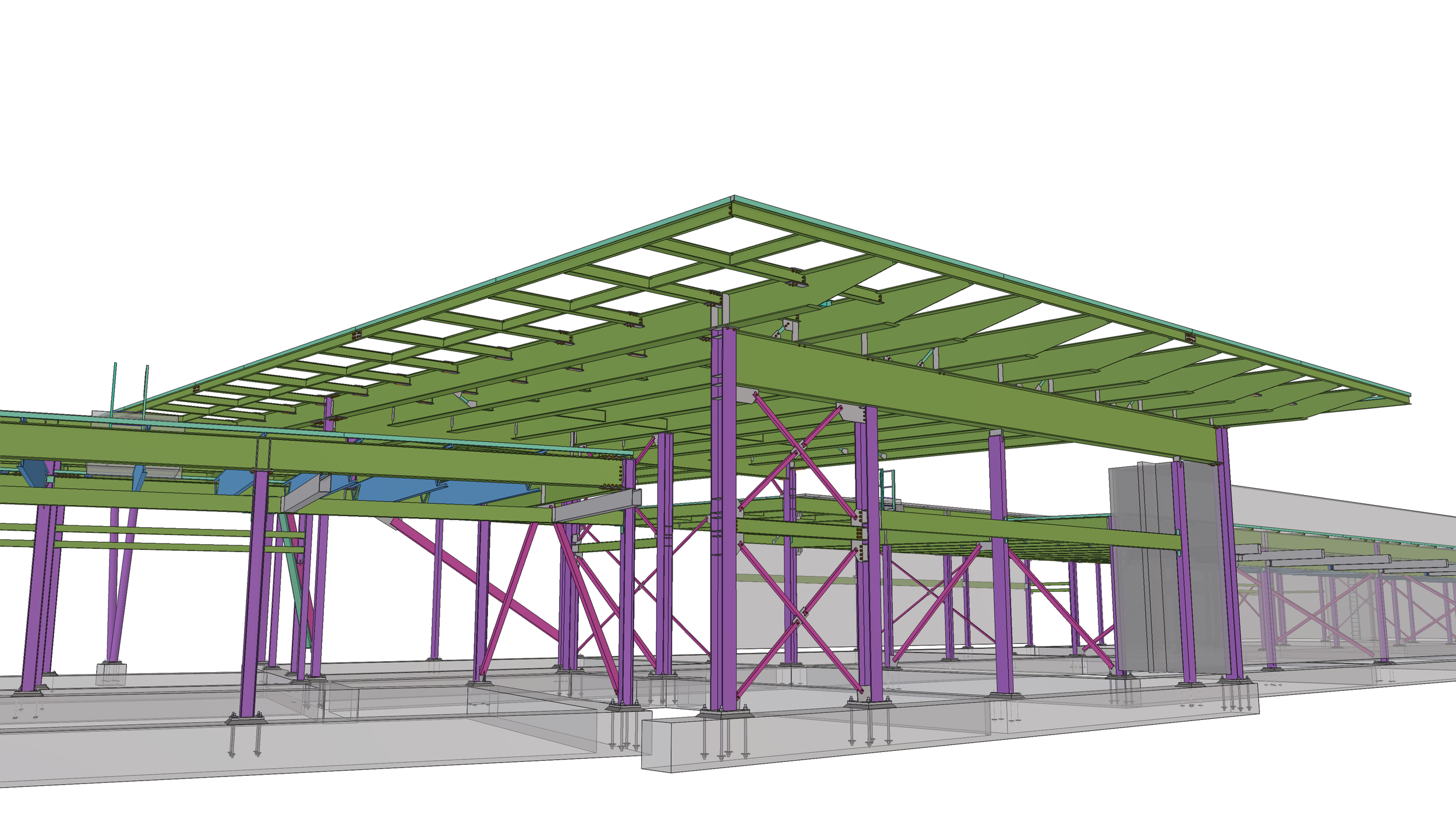Structural framework of a building under construction with steel beams and columns, including purple and green colored elements.