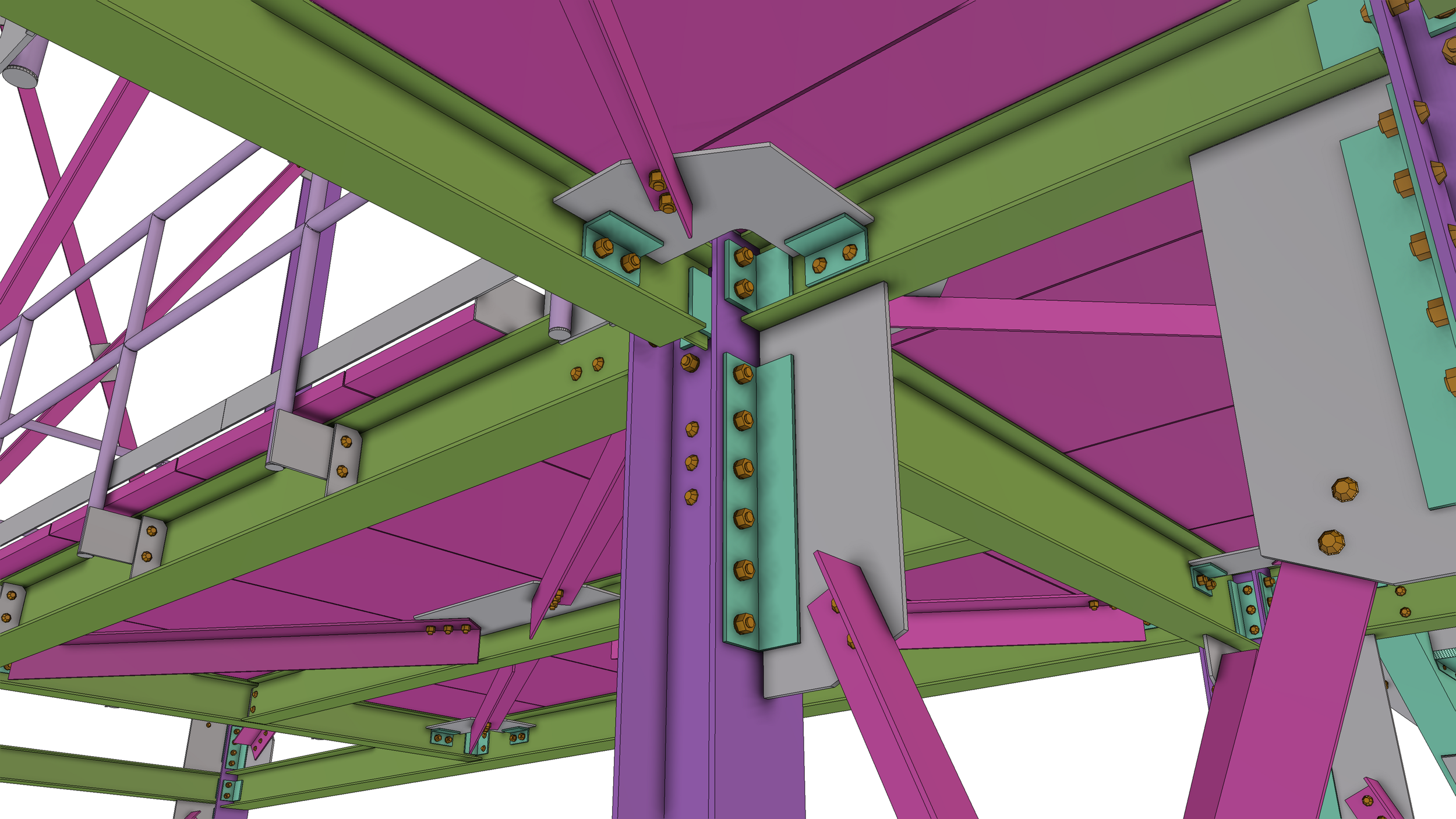 Colorful construction model showing metal beams and joints in purple, green, gray, and turquoise, bolted together.