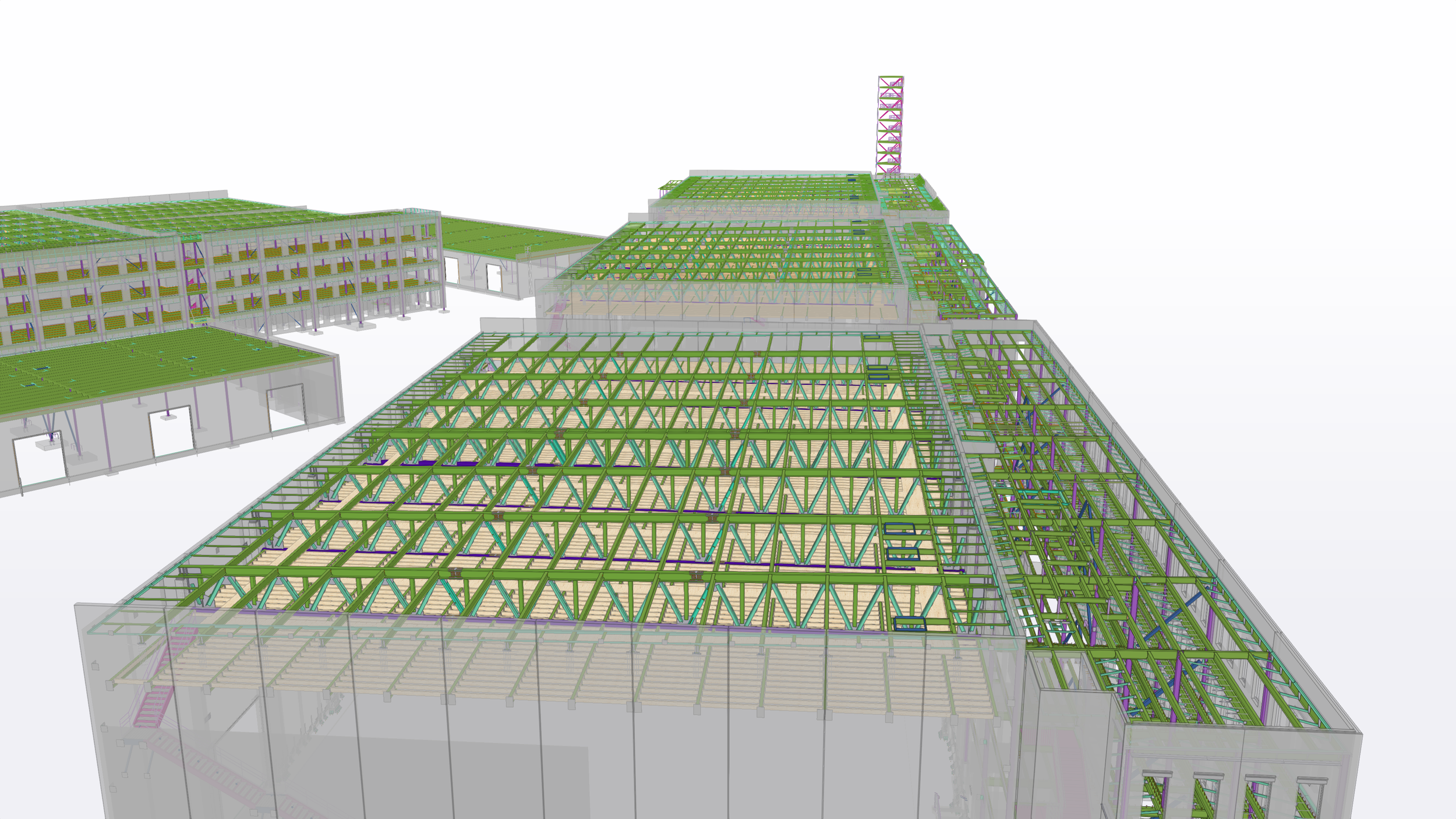 A digital 3D rendering of a multi-story building with exposed structural framework, including beams, floors, and support columns, in various colors.