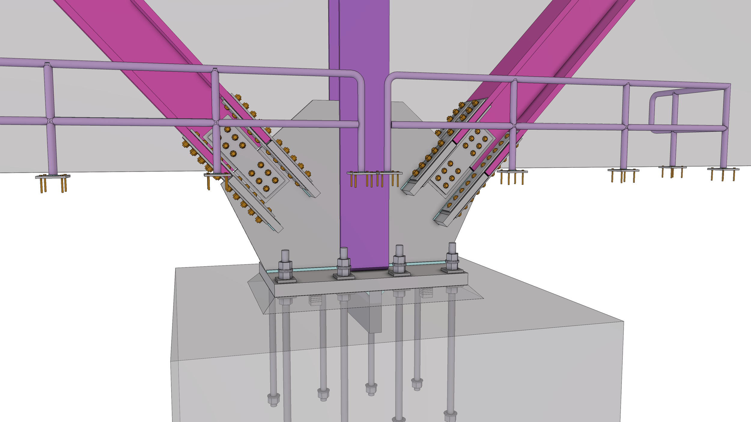 3D model of a mechanical assembly featuring purple and pink structural components, bolts, and connecting rods assembled around a vertical purple support, with a gray base and additional support elements underneath.