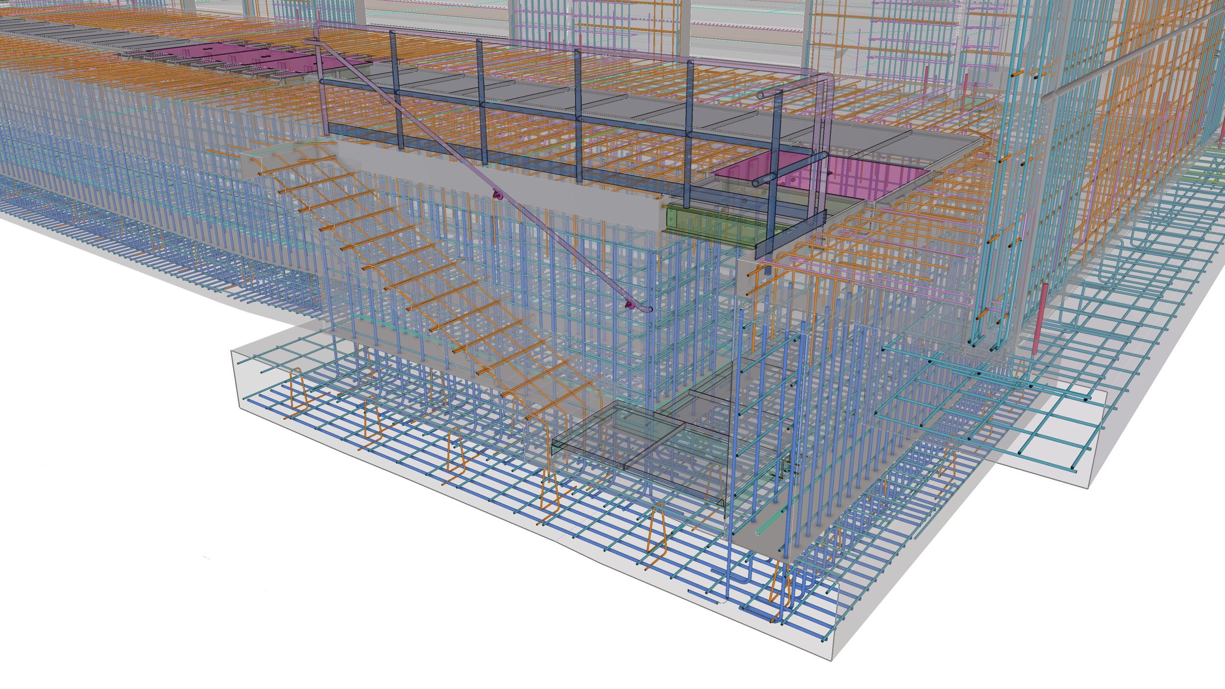 A detailed digital architectural model of a building's structural framework, showing various colored steel beams and supports in a 3D layout.