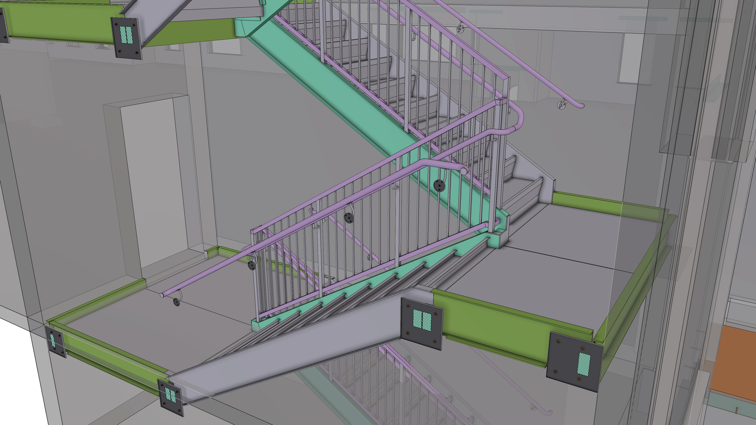 A digital rendering of a multi-level staircase with railings, colored in shades of purple, green, and teal. The staircase has steps, handrails, and supporting structure, set within a modern architectural framework.