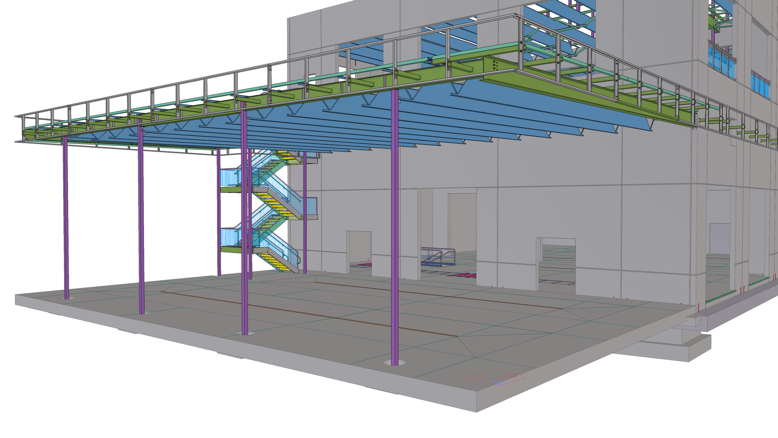 Computer-aided design drawing of a building with an exterior staircase and a platform supported by purple columns.