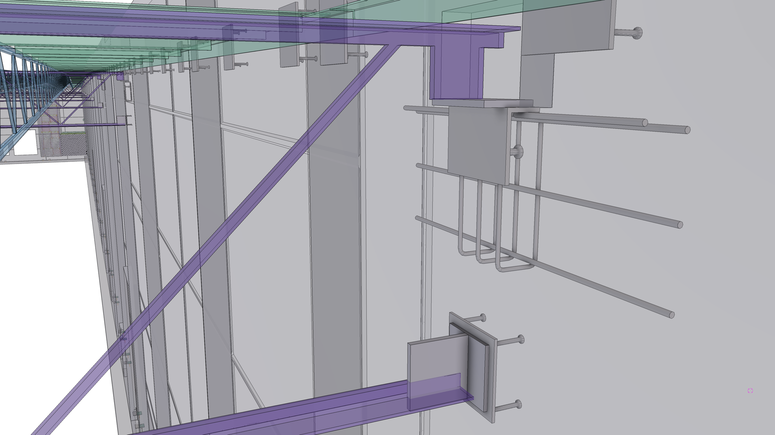3D computer model of a building framework showing steel beams, glass walls, and structural support parts.