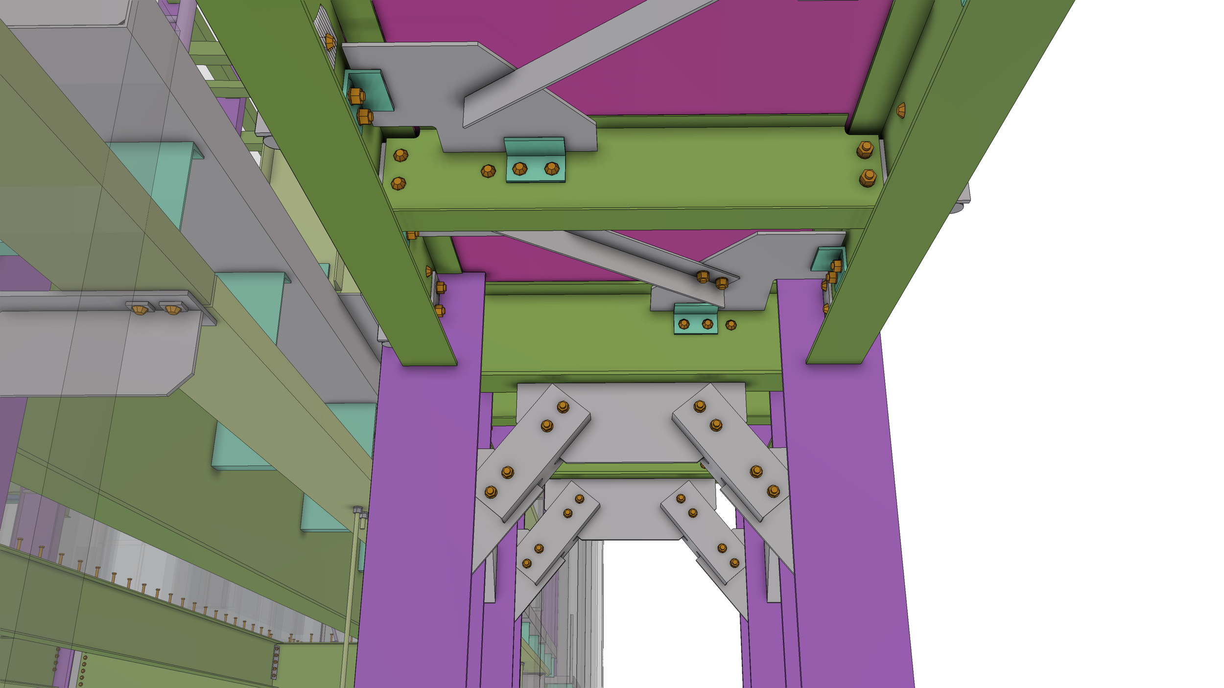 A 3D technical diagram showing a close-up view of mechanical parts. It includes purple, green, gray, and teal components joined by bolts.