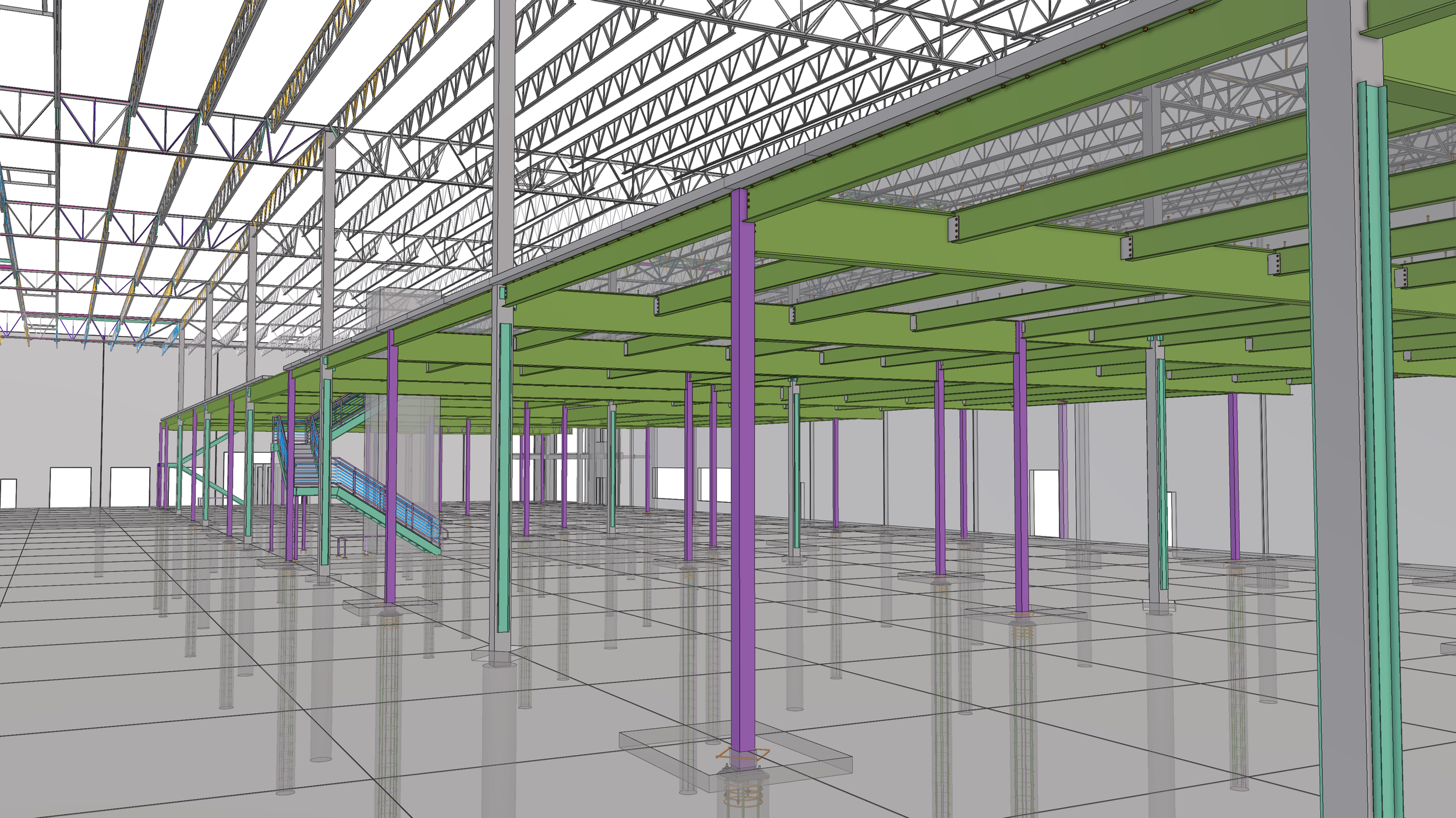 A digital rendering of an industrial building structure showing steel beams, columns, and trusses in various colors, including purple, green, and turquoise, with a stairway leading to an upper level.