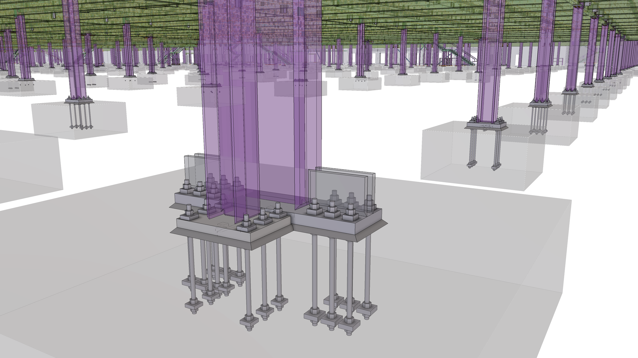 A computer-generated model of a construction site showing steel columns and foundation supports, with purple transparent walls or barriers included in the design.