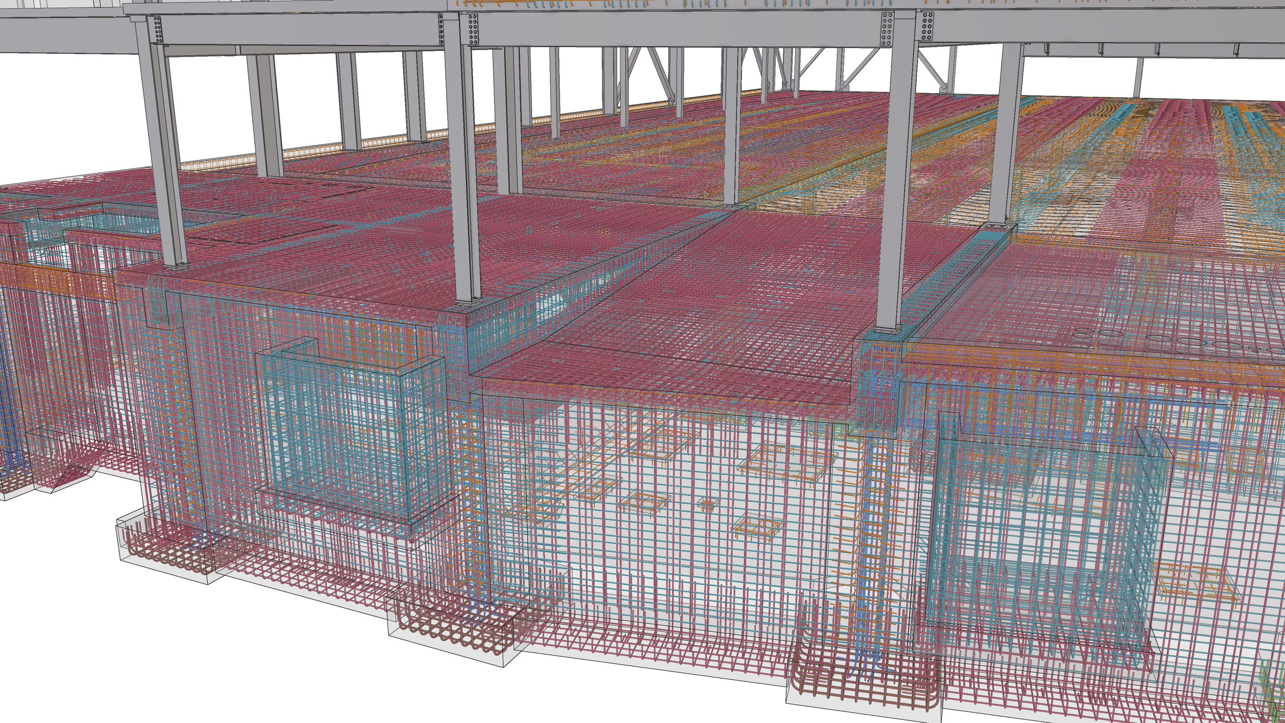 3D digital engineering model of a building structure showing steel framework, beams, and support columns in various colors.