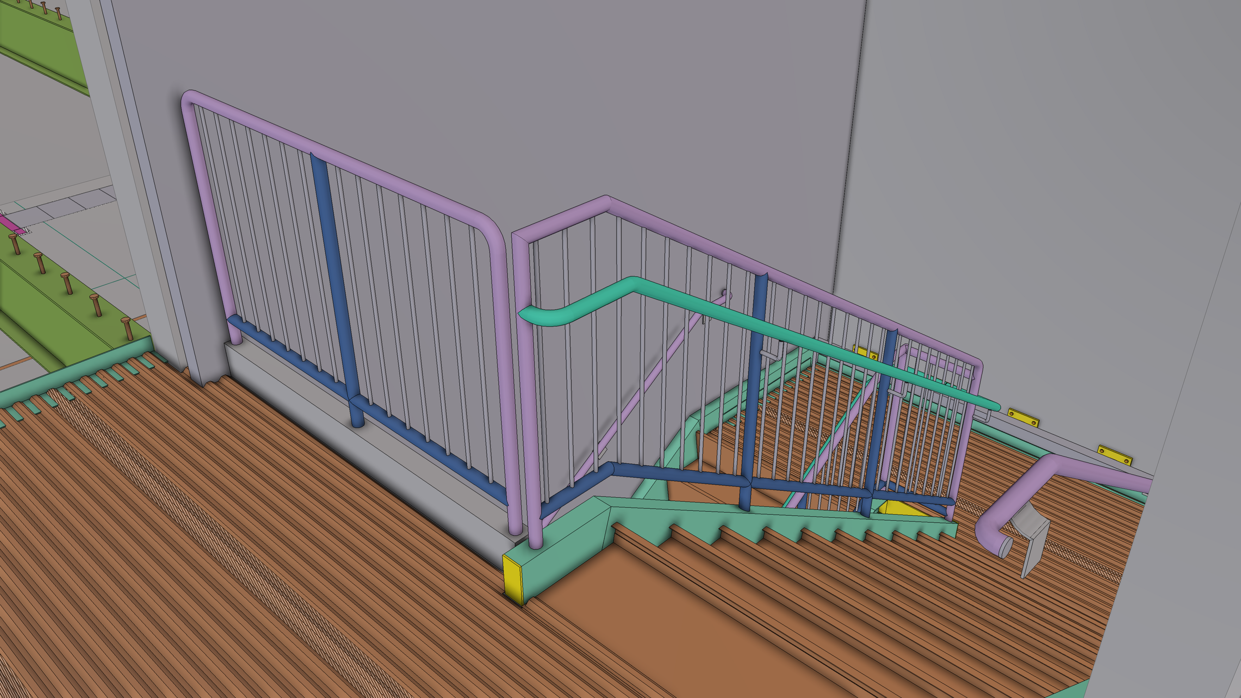 3D model of a stair and elevator area with purple handrails, green support bars, and wooden stairs.