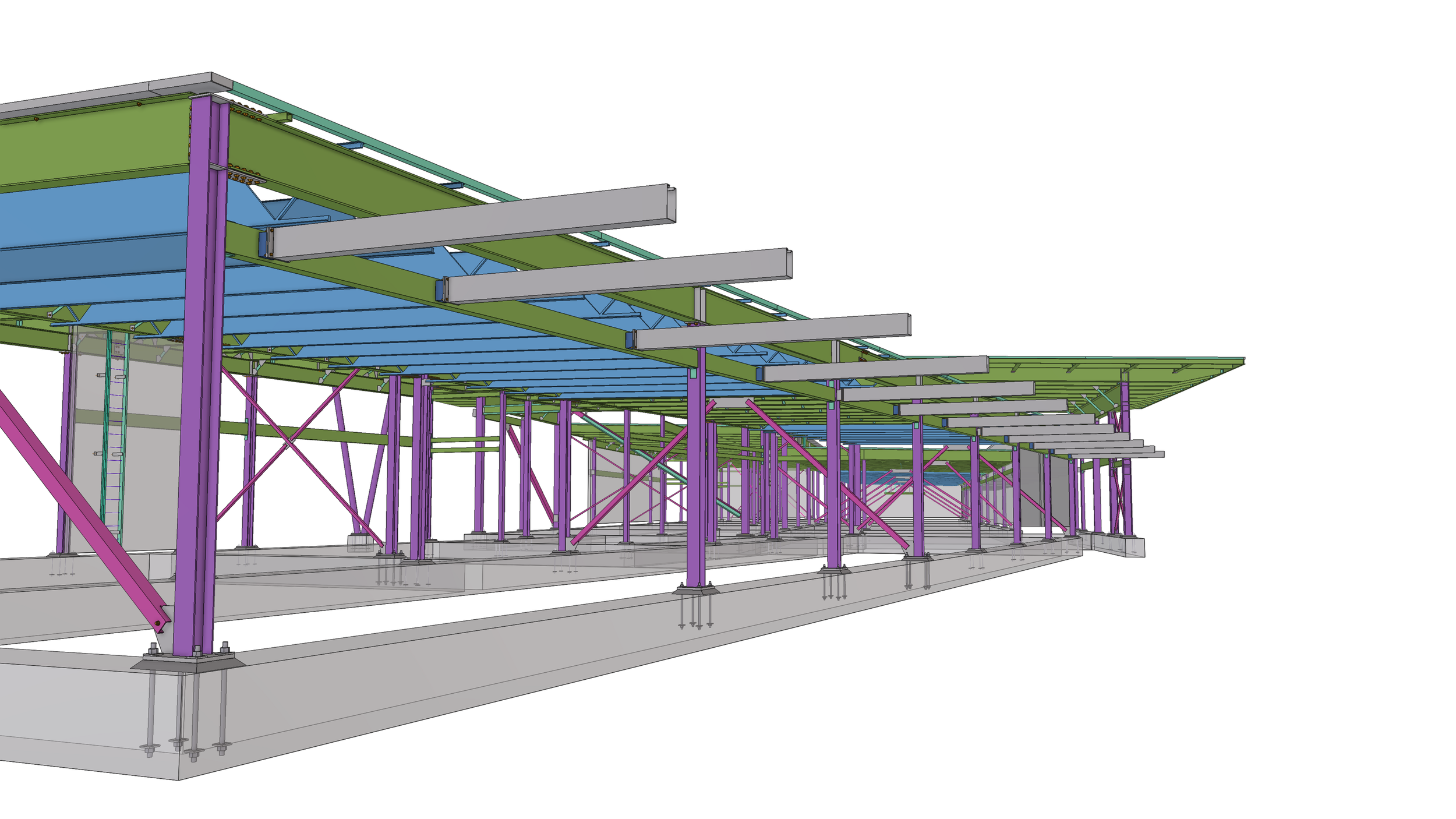 3D model of a building structure showing steel beams, columns, and support framework in various colors.