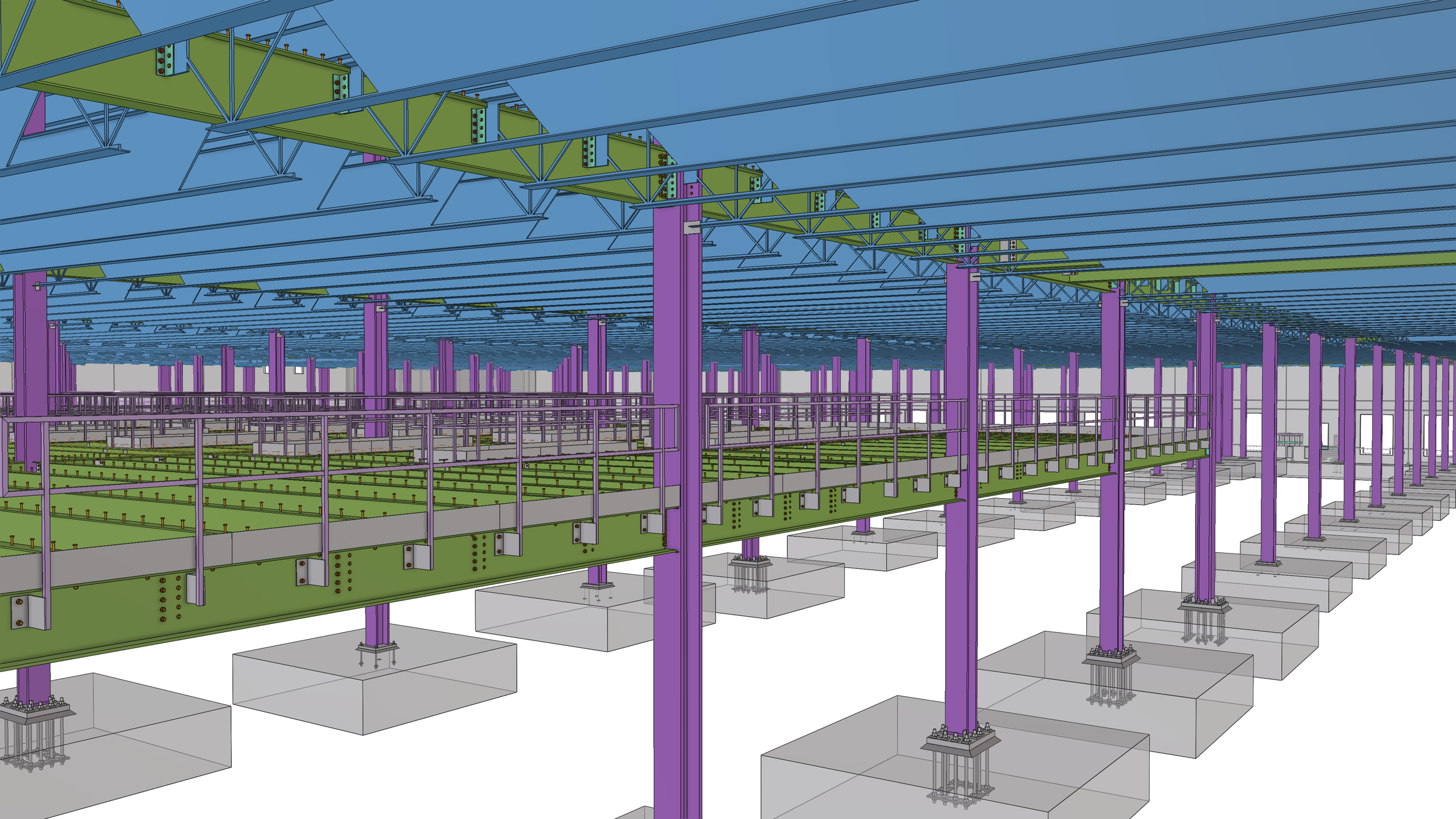 Structural construction of a large building framework with steel beams, columns, and reinforced concrete foundations in a digital architectural drawing.