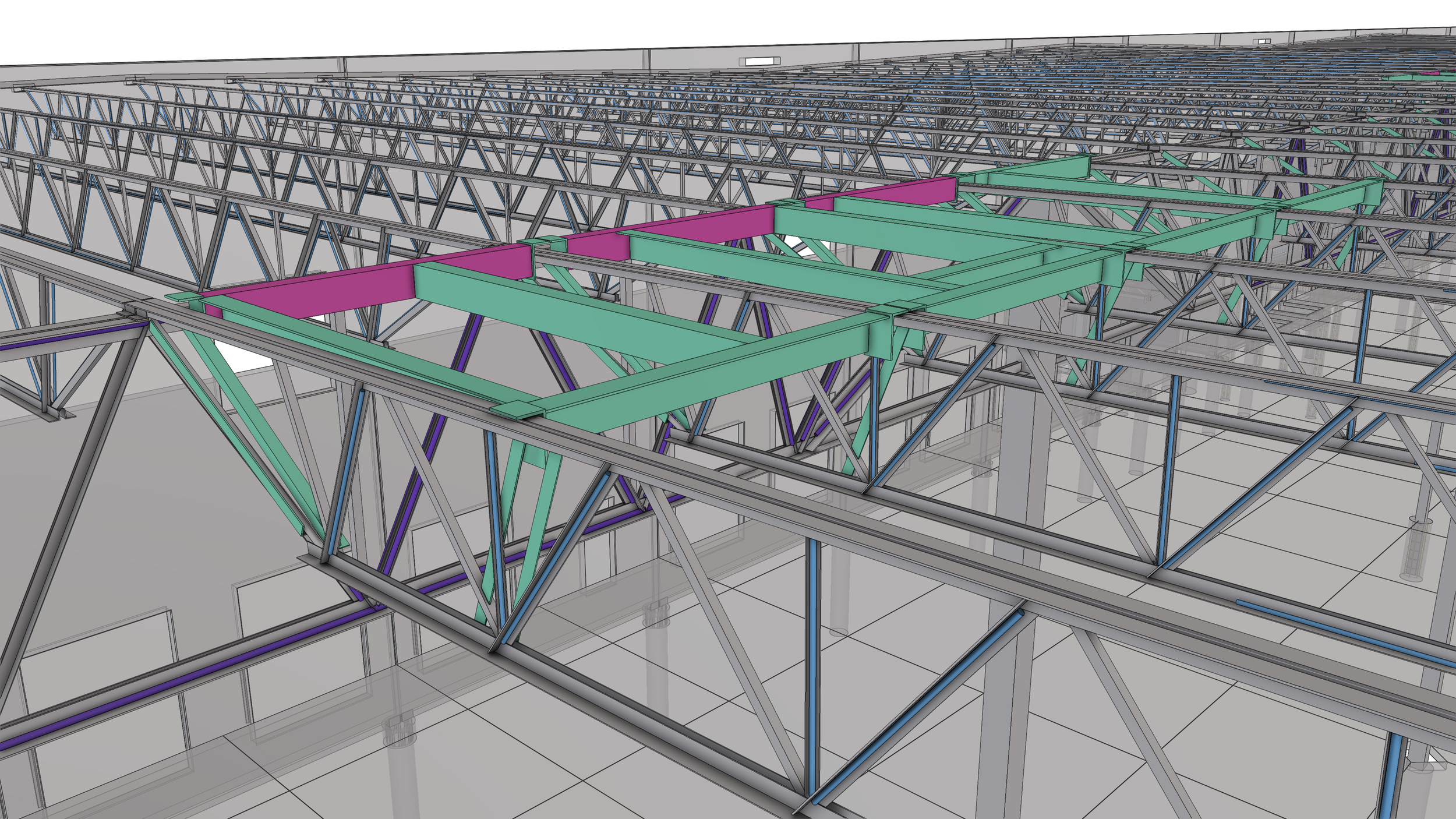 A digital architectural rendering of a building's steel framework, showing interconnected beams and supports in multiple colors.