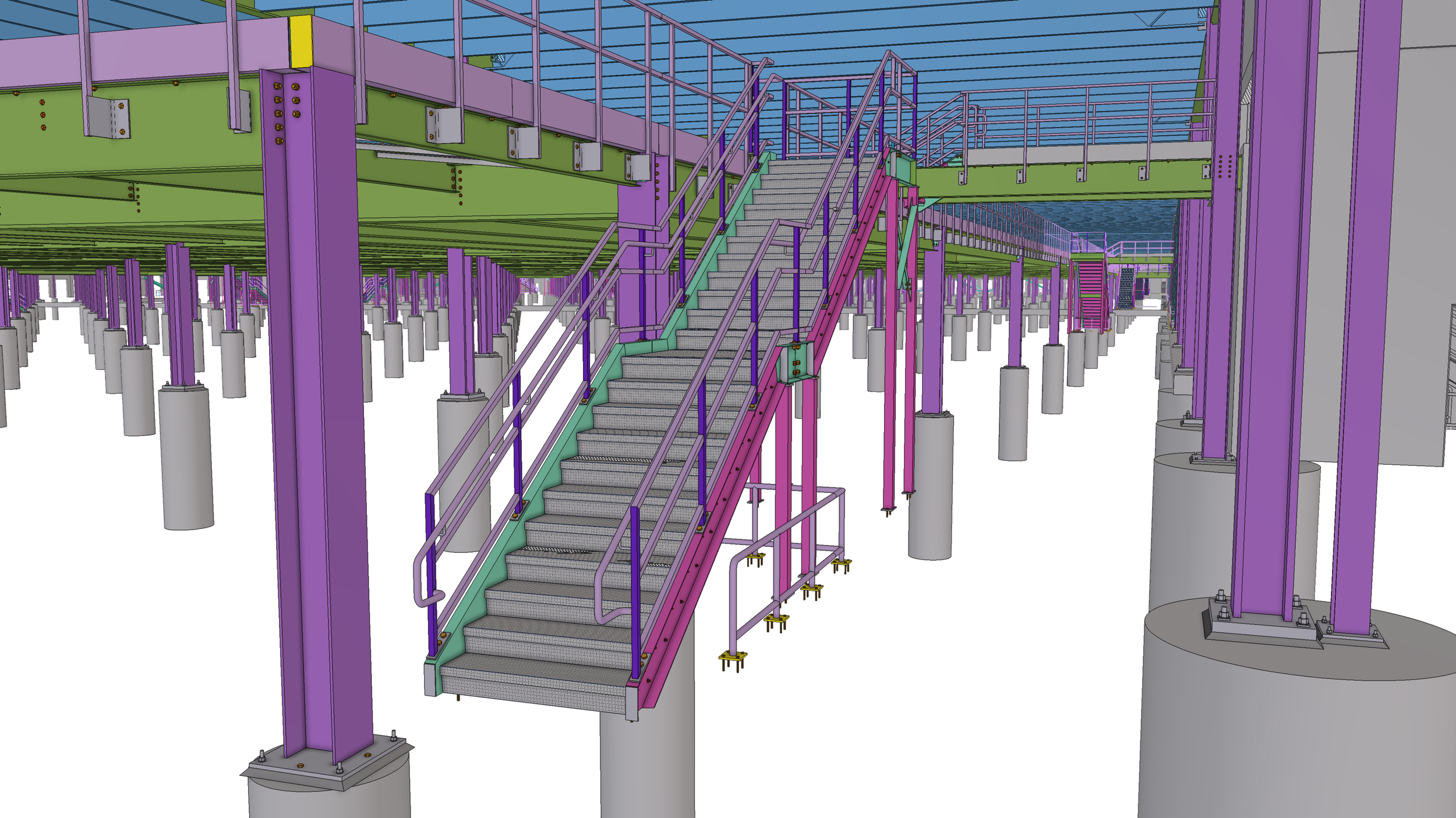 A digital 3D model of a building's structural framework showing purple support beams, green floors, and gray stairs, with multiple support columns.