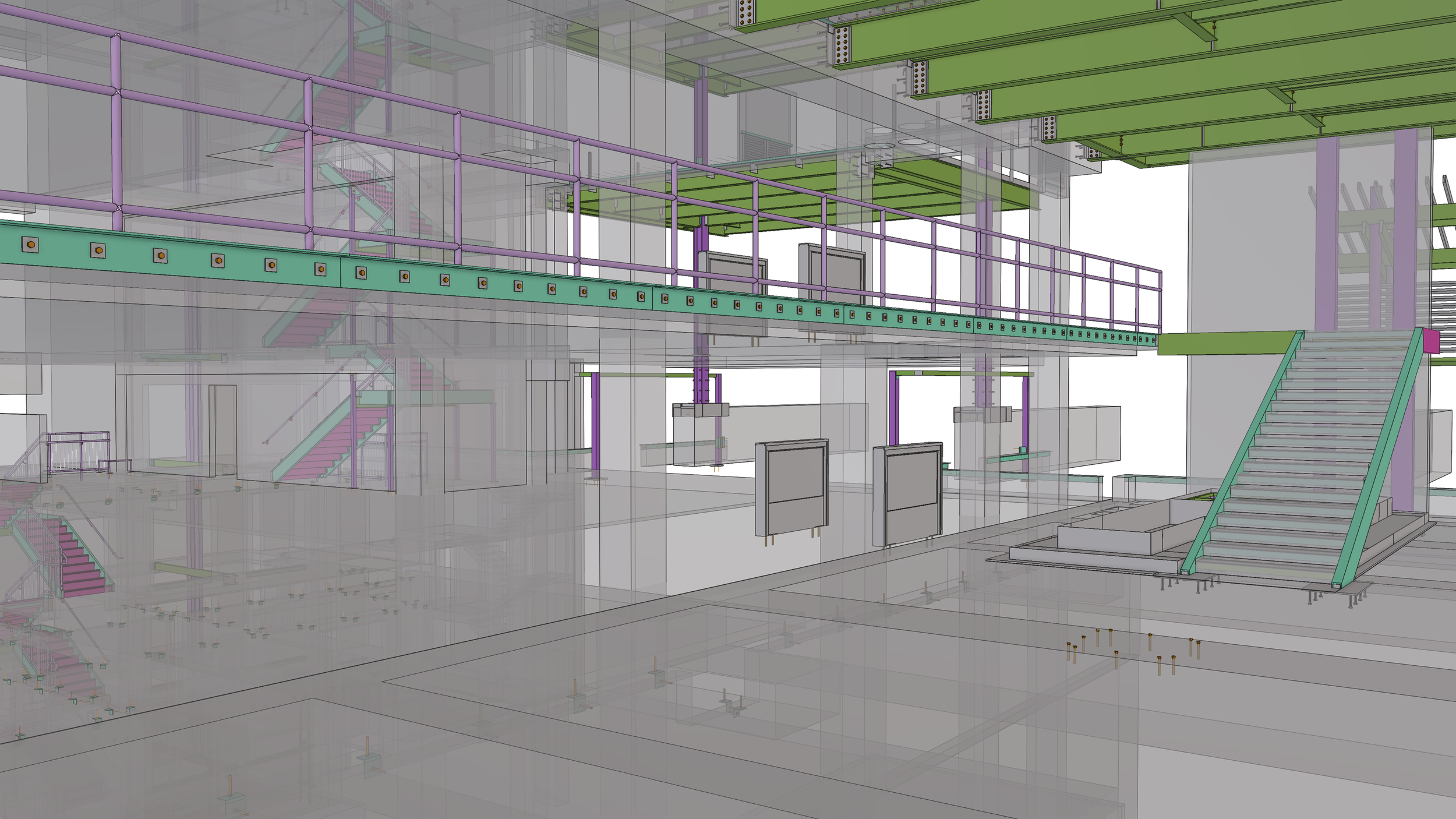 Digital architectural rendering of a multi-level building interior with staircases, safety railings, and structural framework in pastel colors.