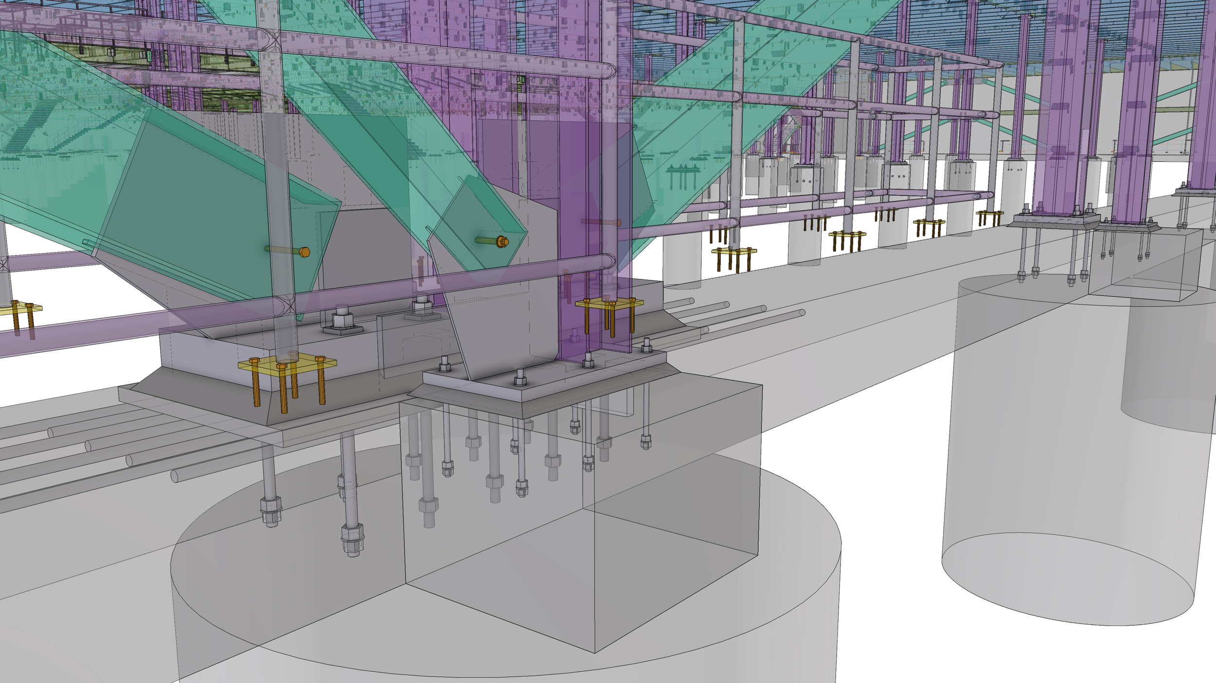 A detailed technical rendering of a building foundation with structural support elements including reinforcing bars, bolts, and concrete bases, along with various steel and glass components.