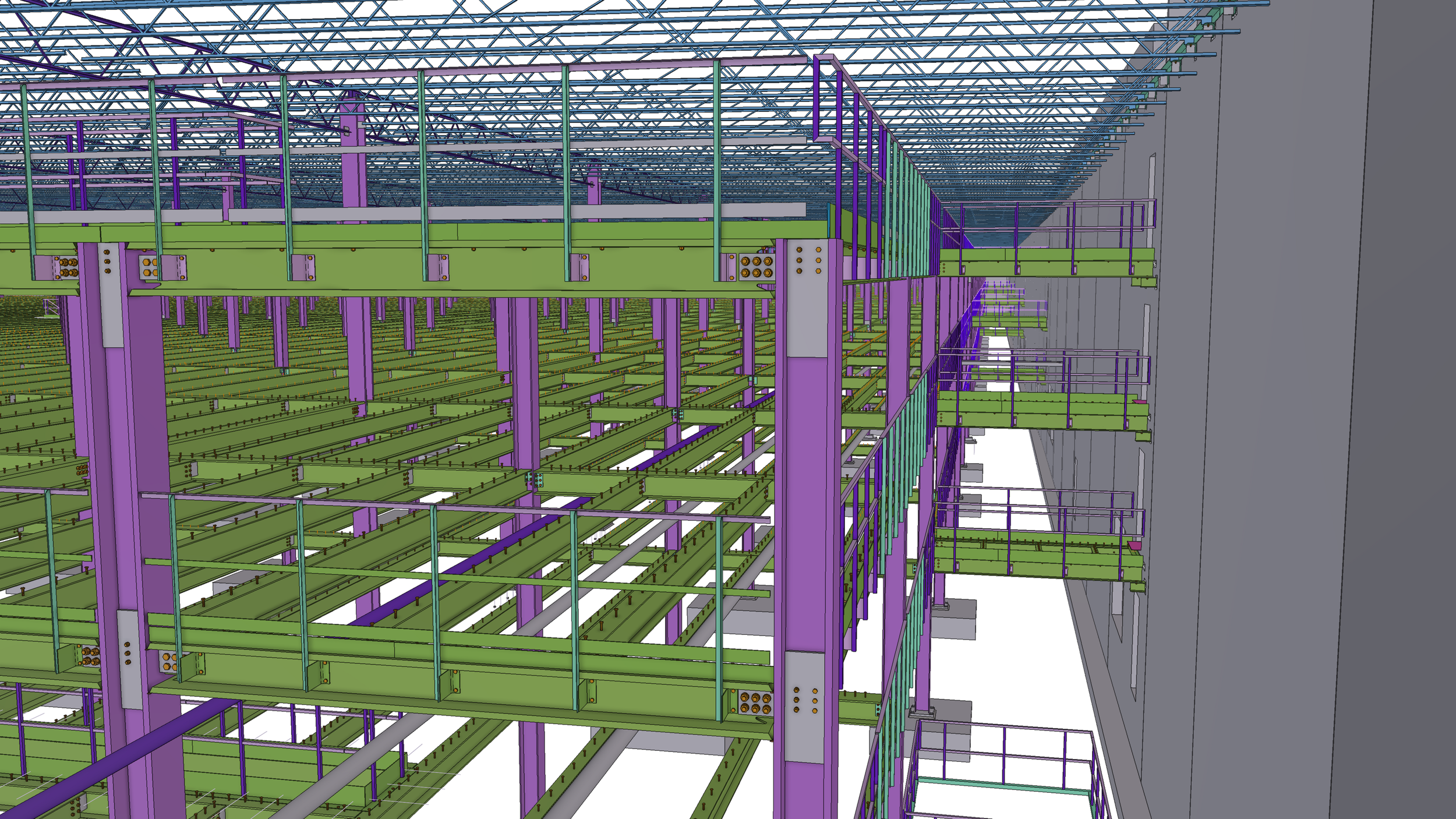 A detailed digital 3D model of a building's structural framework with steel beams and columns in green, purple, and teal, showing multiple floors and support structures.