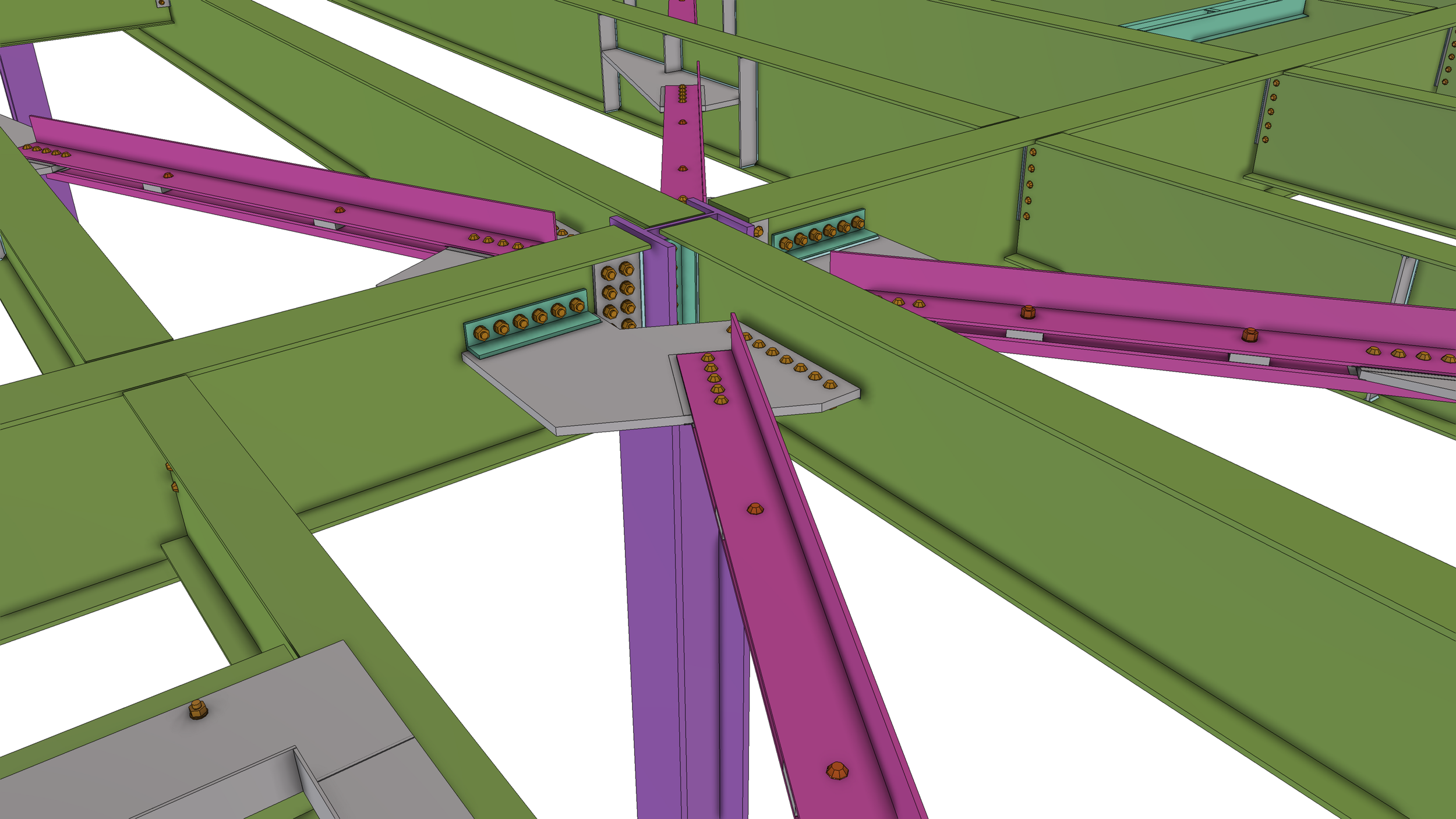 Close-up view of a structural steel frame showing green and purple beams connected with bolts and brackets, part of a building or bridge construction.