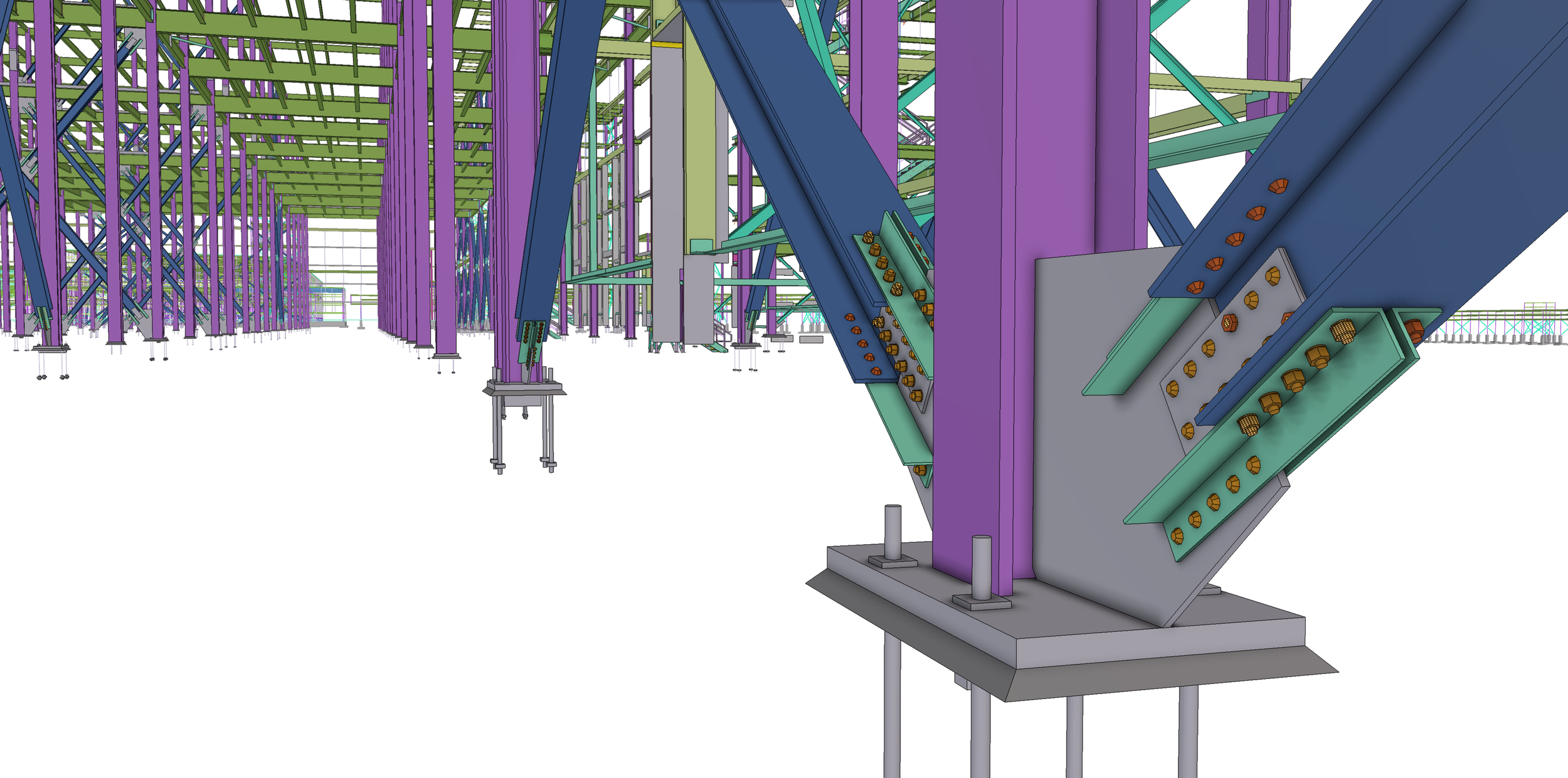 A detailed 3D model of a construction framework showing purple vertical columns, green horizontal beams, blue diagonal braces, and orange bolts, with some components attached to brackets and supports on a gray base.
