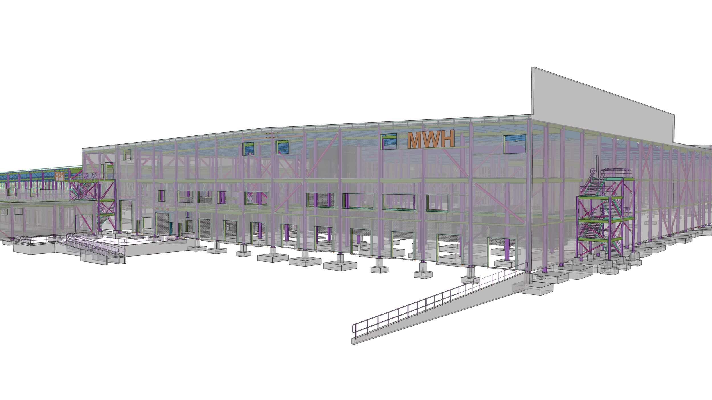 3D rendering of a building under construction showing steel framework, stairs, and a sign with the letters 'MWH' on it.