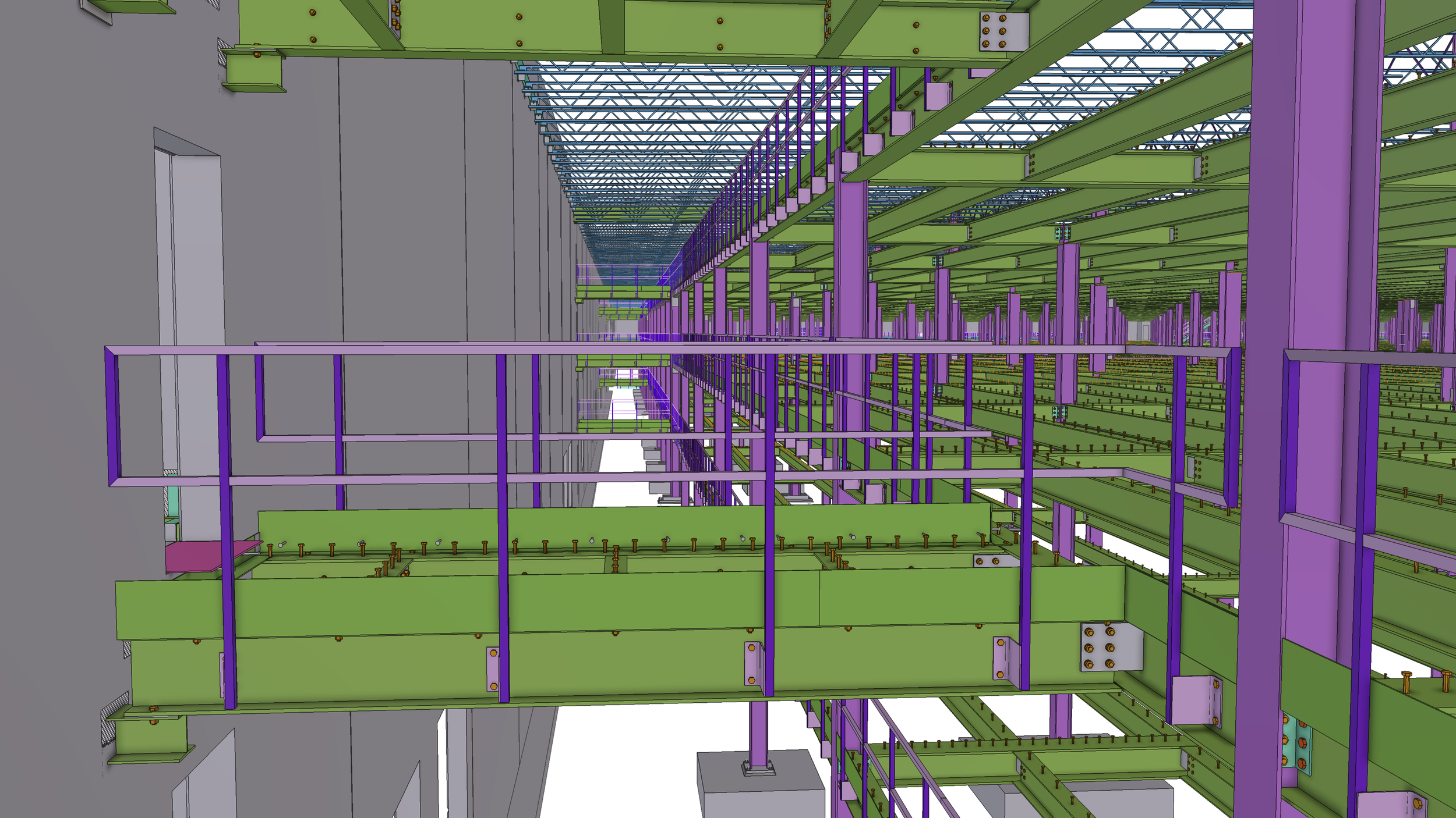 3D model of a multi-level steel structure with purple and green beams, columns, and walkways inside a building.