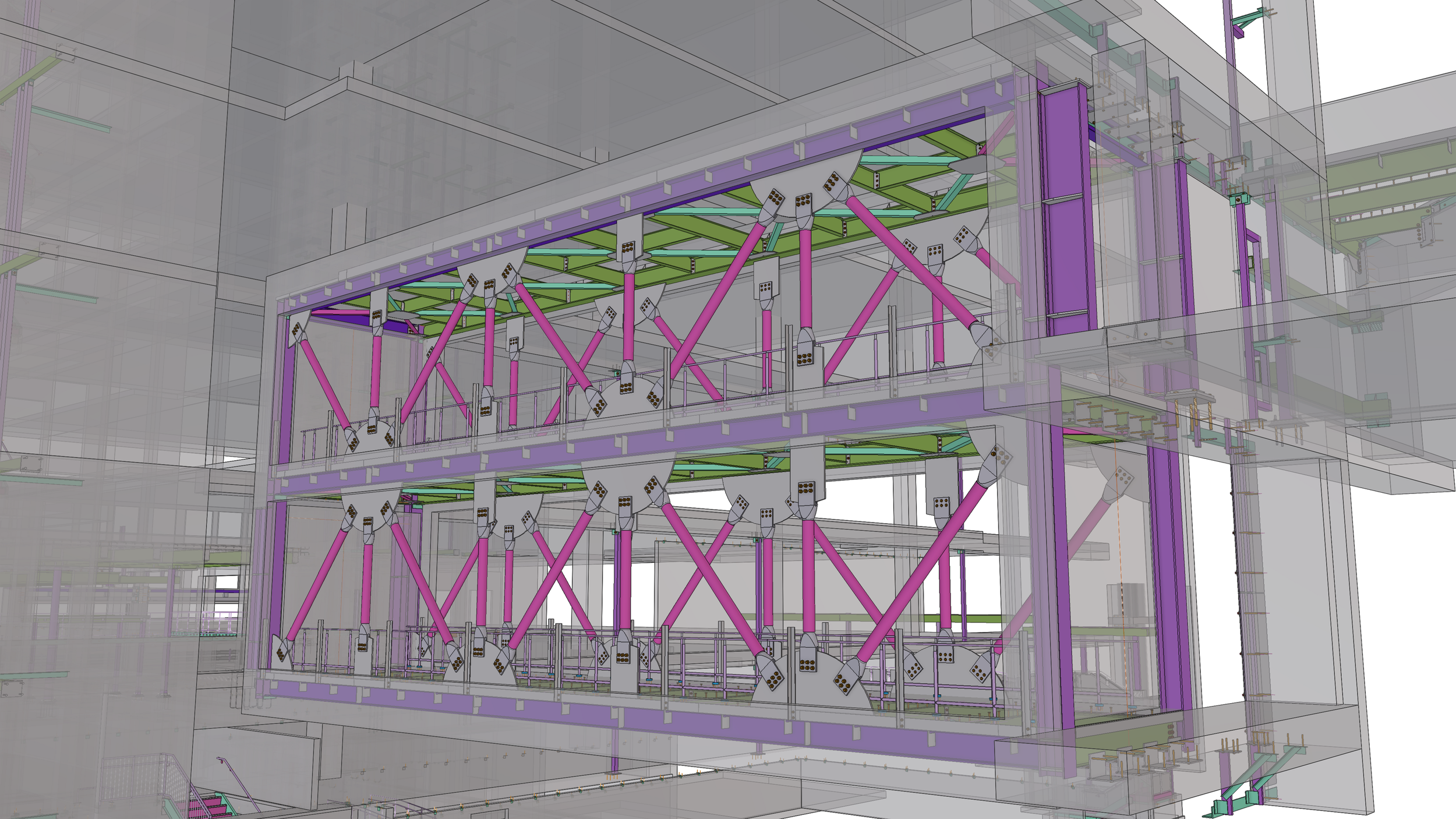 A computer-generated architectural model of a building's interior, showing multiple floors with structural and mechanical elements in shades of purple, green, and pink.