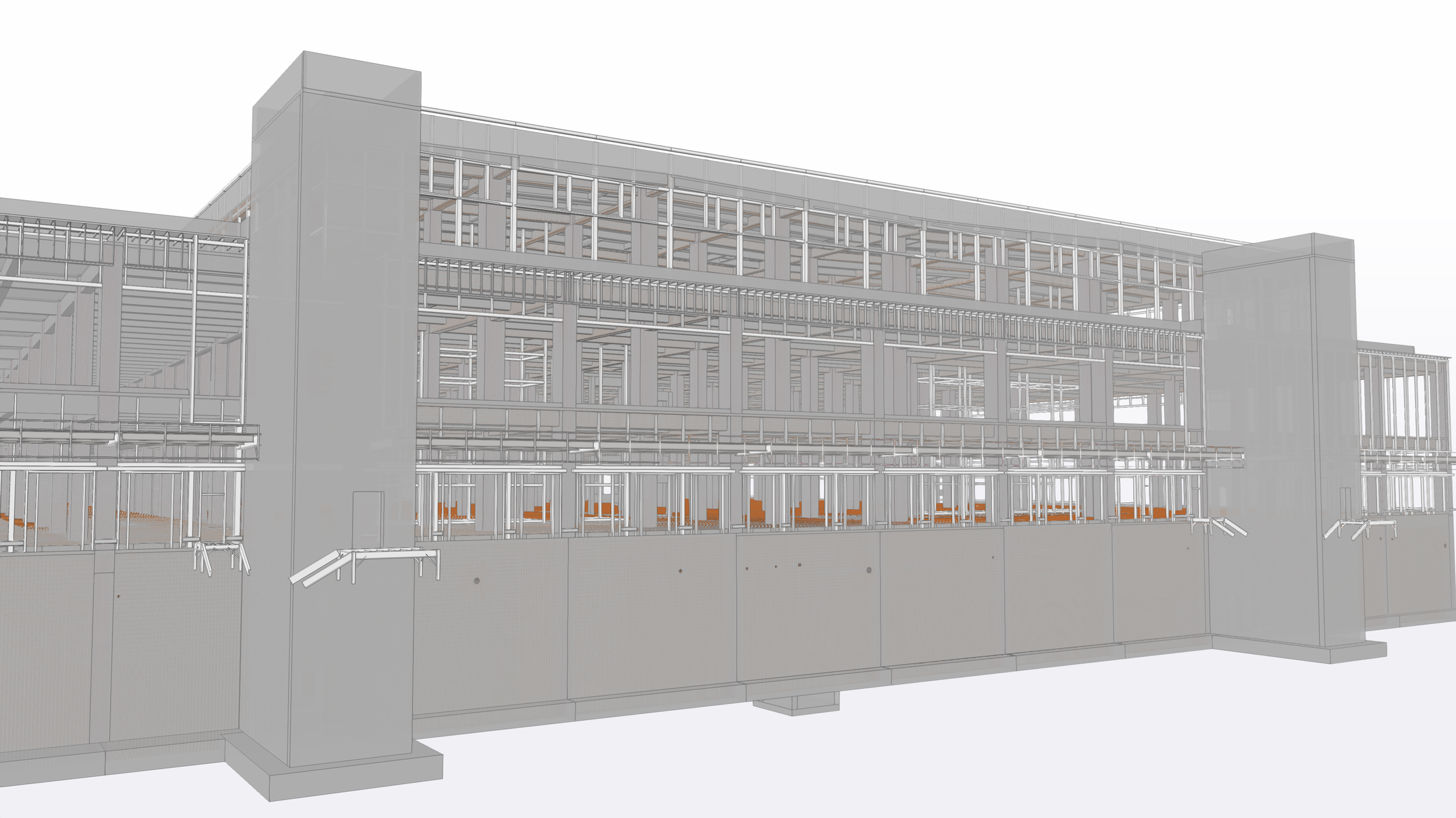 architectural building design with multiple floors, steel framework, and construction scaffolding.