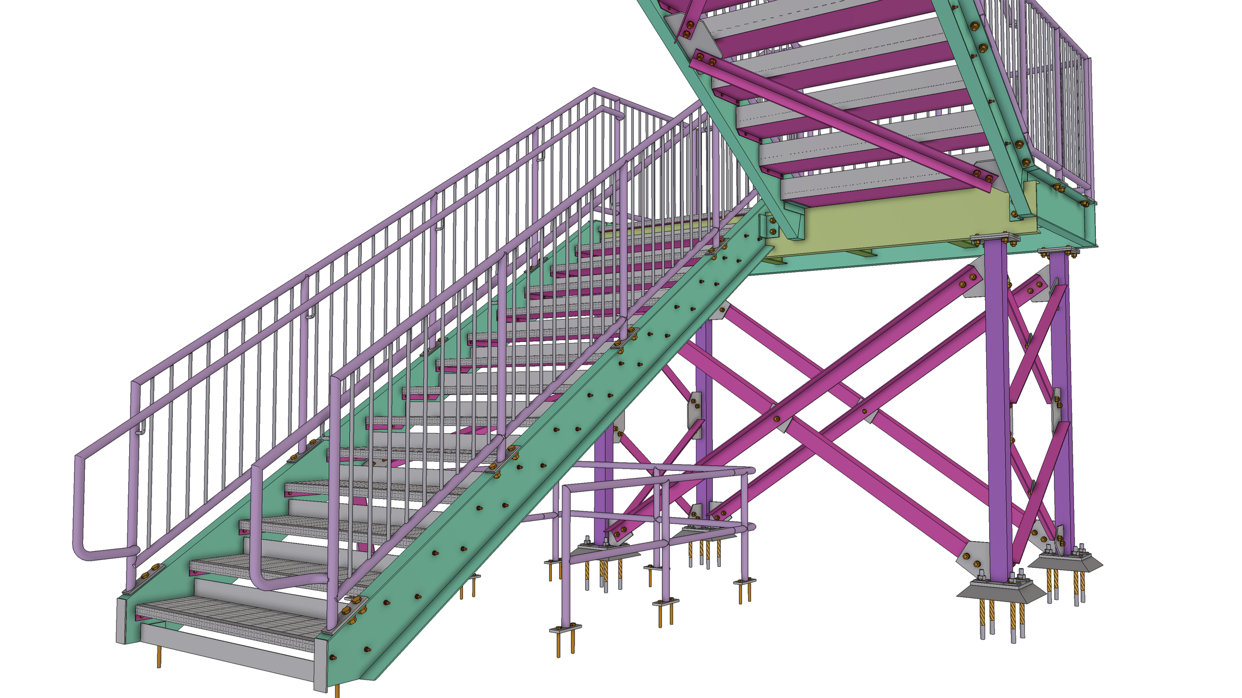 A digital rendering of a colorful amusement park roller coaster structure with purple, green, and gray components, including stairs, railings, and supports.