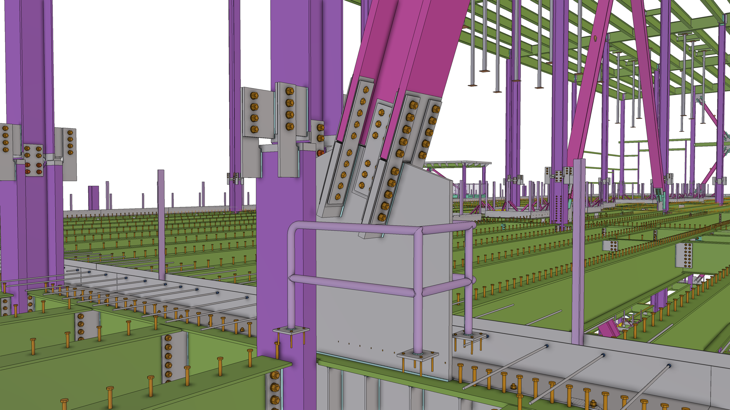 A computer-aided design (CAD) model of a construction framework with purple vertical beams, green horizontal beams, and steel brackets with bolts.