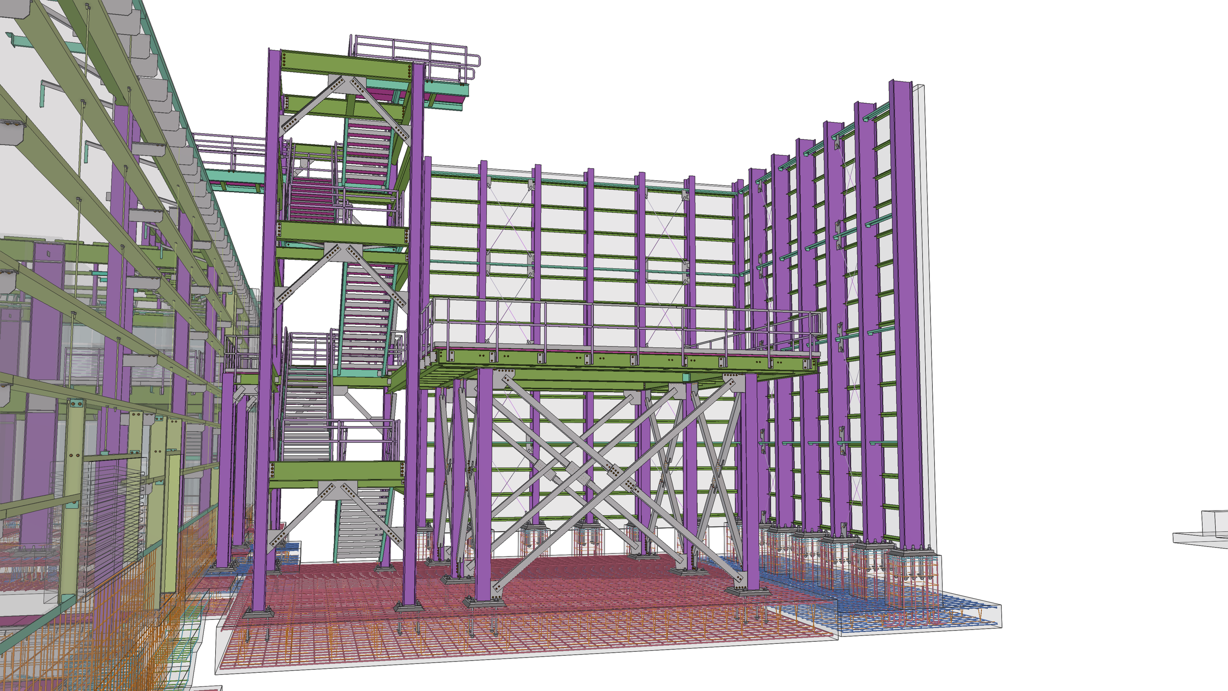 Structural engineering drawing of a building with purple and green metal framework, stairs, platforms, and safety railings, including grid and support details.