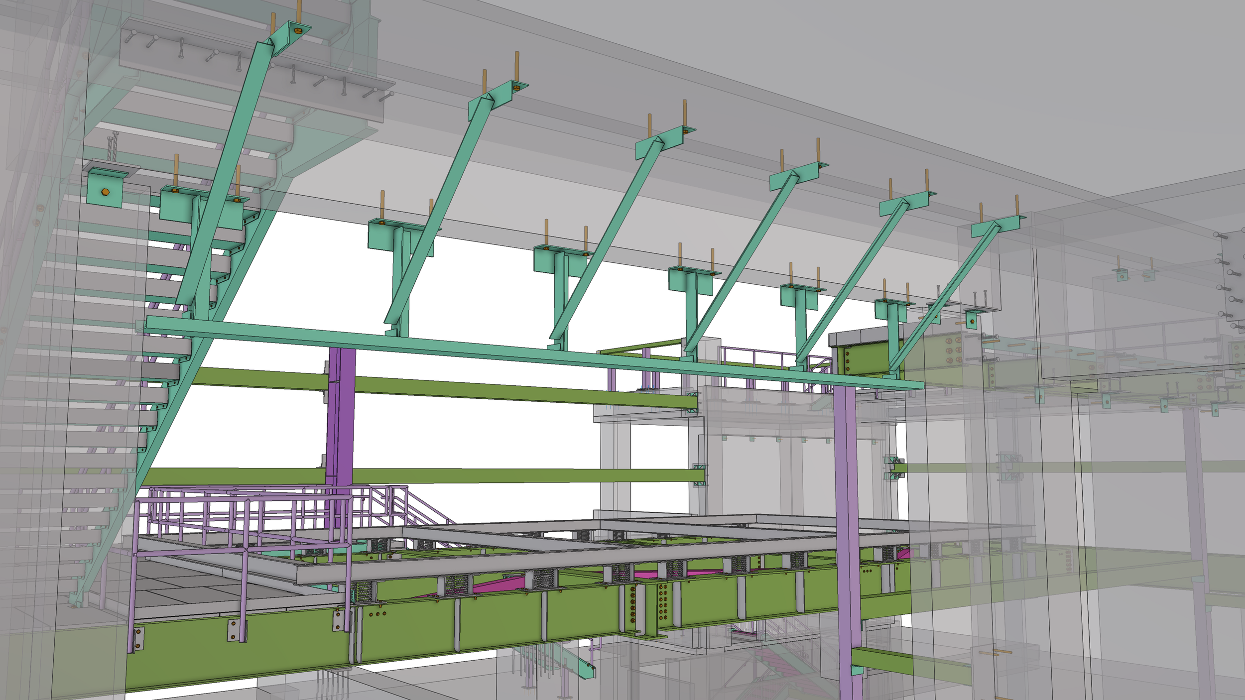 Render of a building structure under construction, showing steel beams in green and purple, with scaffolding and staircases, and a partial view of the ceiling framework.