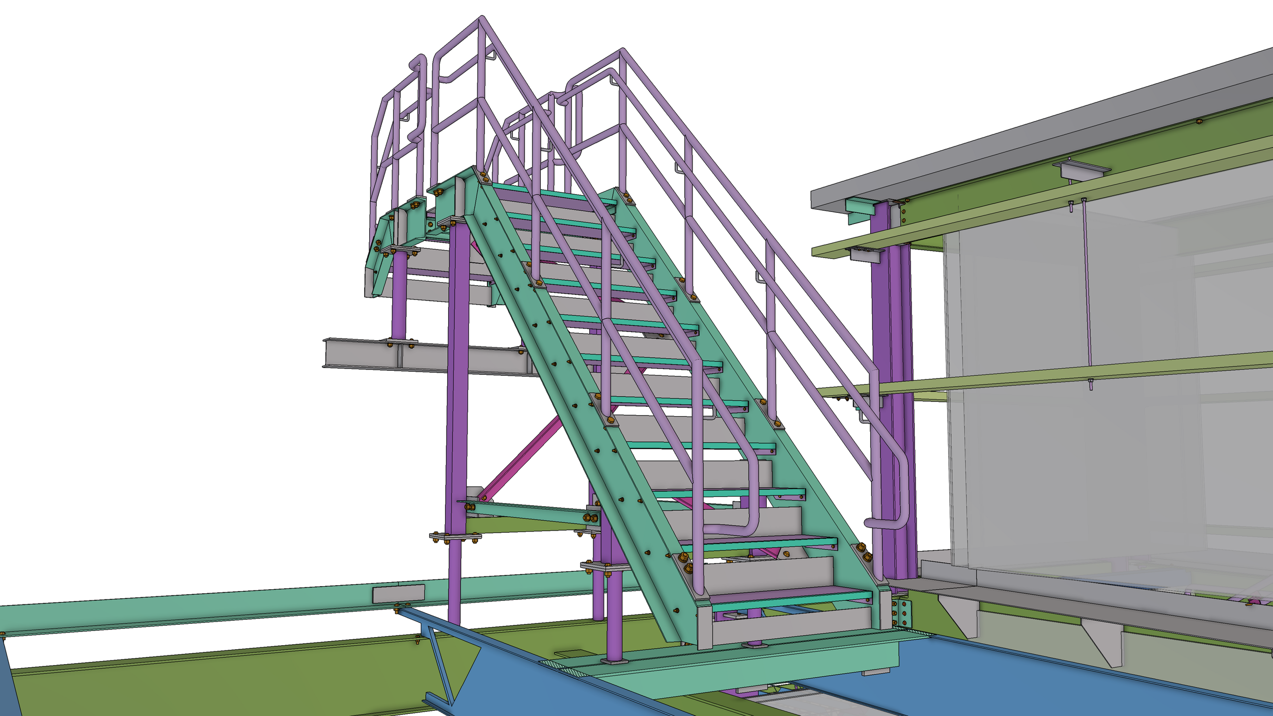 3D model of a construction staircase with purple guardrails, green supporting structure, and gray steps, adjacent to a building with green and gray elements.