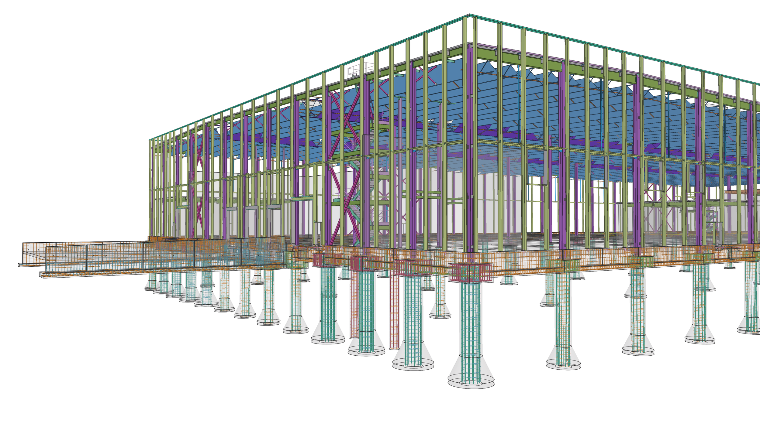 A detailed 3D model of a building under construction showing its steel framework, multiple support columns, and structural elements in various colors.