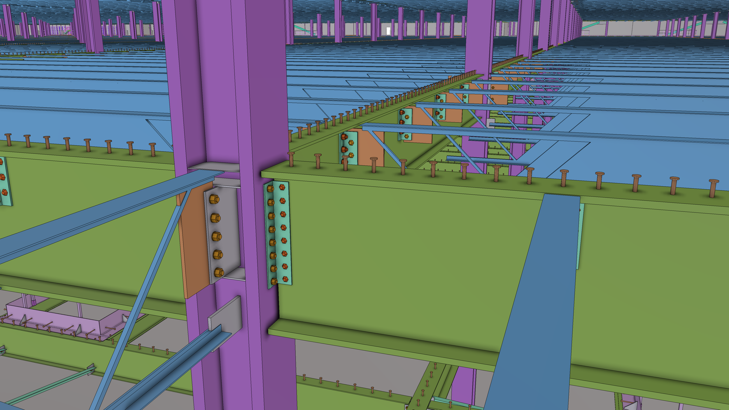 Computer-generated image of a structural framework with purple vertical beams, green horizontal floors, and blue support elements, likely part of a building construction model.