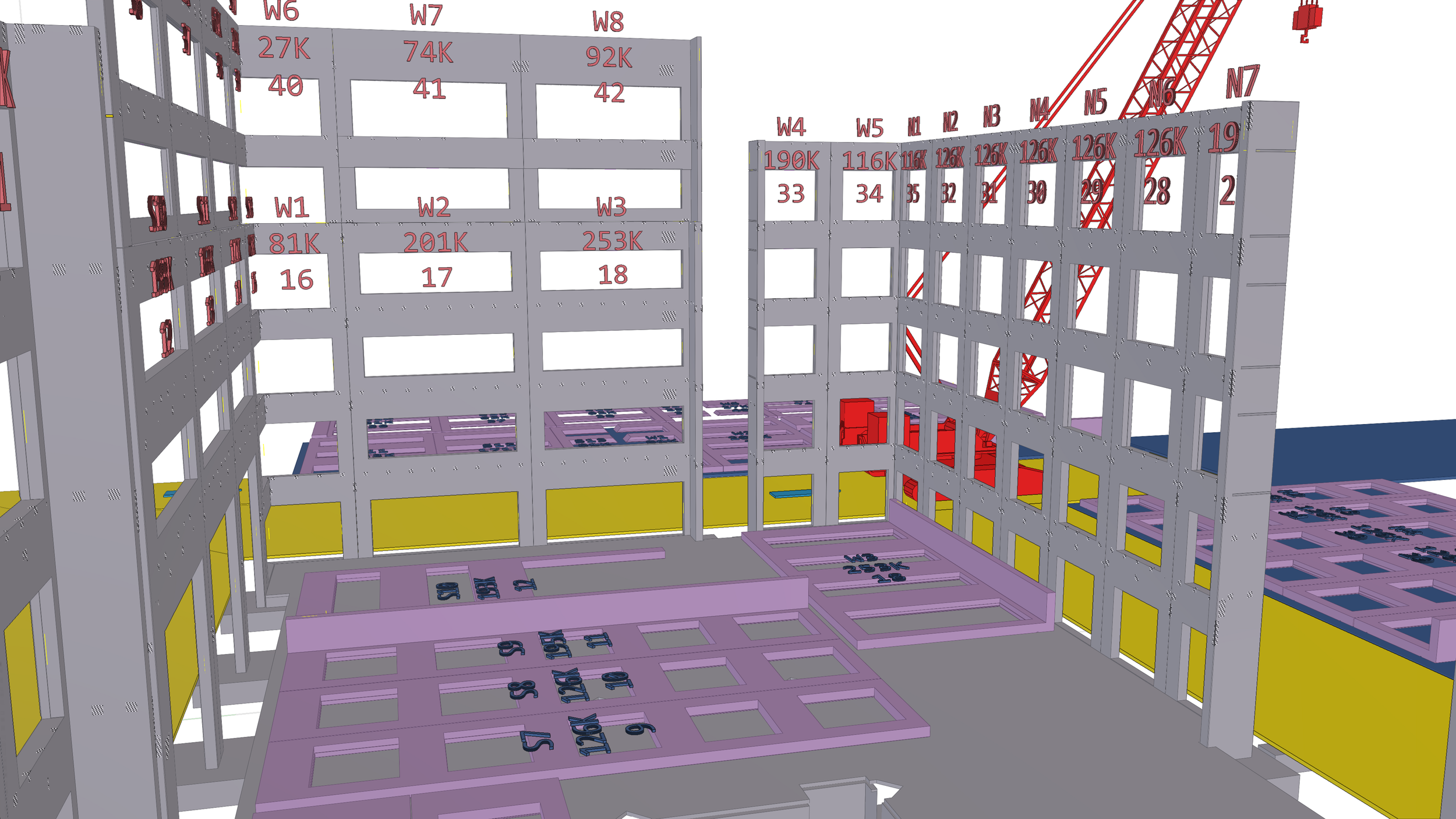 3D model of a multi-story steel building frame with numbered and labeled sections, construction cranes, and foundation elements.