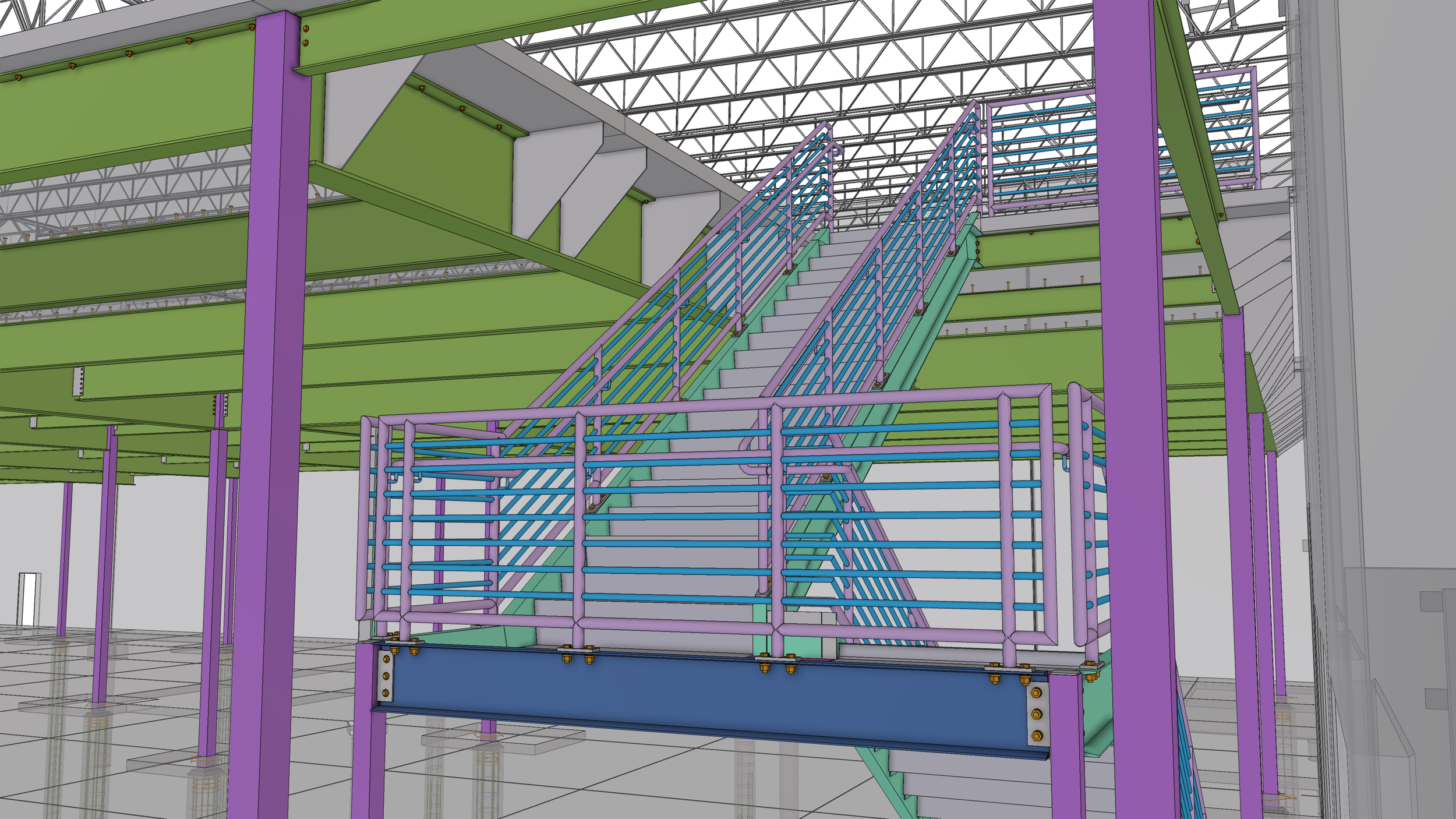 Digital architectural rendering of an industrial staircase with purple handrails and supports, green floor and ceiling beams, and a metal truss roof structure.
