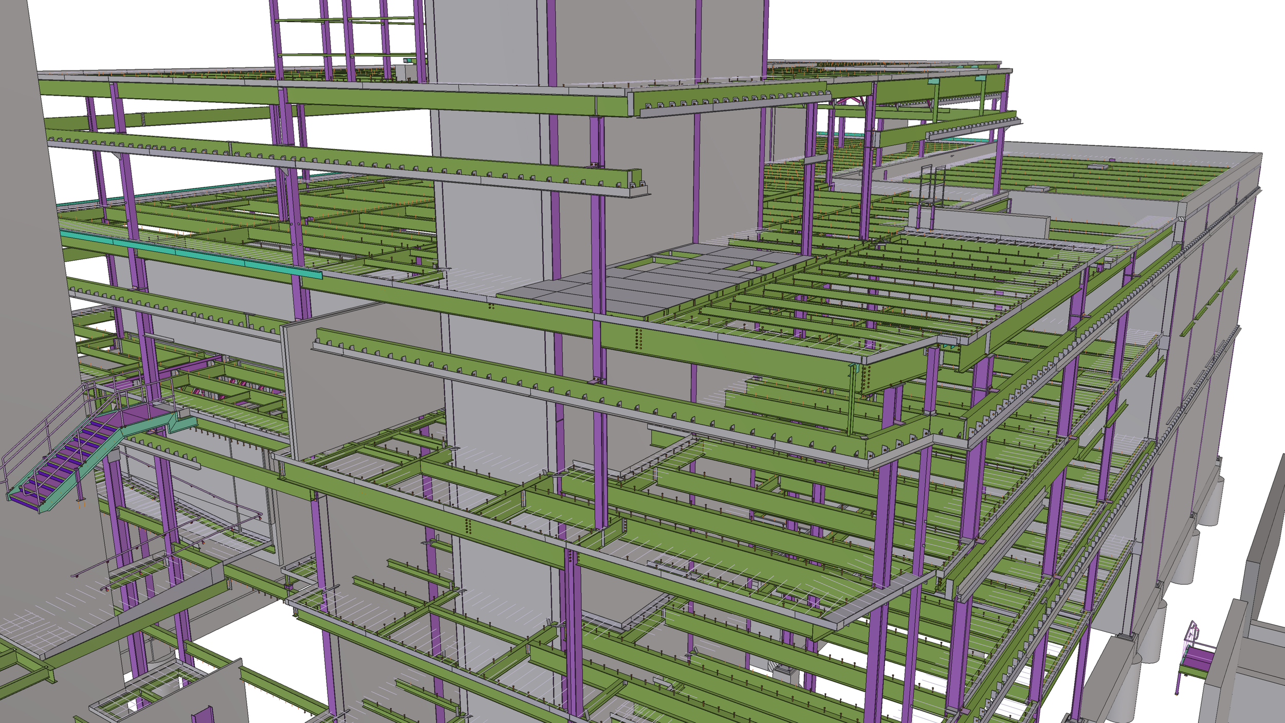 A detailed 3D model of a multi-story building with exposed structural framework, including green beams, purple columns, and gray floors, showing the internal construction layout.