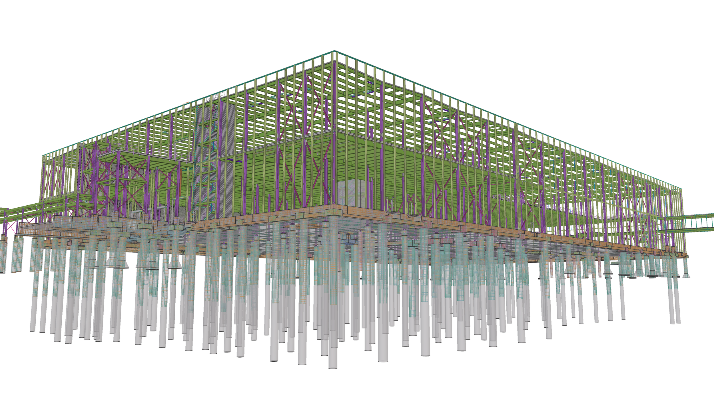 Structural model of a building framework with steel beams, columns, and foundation supports.
