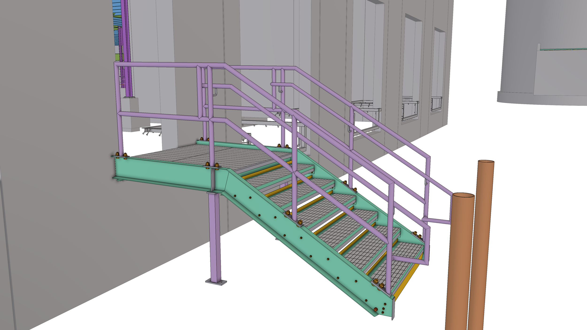 3D model of an outdoor staircase with purple handrails and green bottom platform, attached to a building under construction.