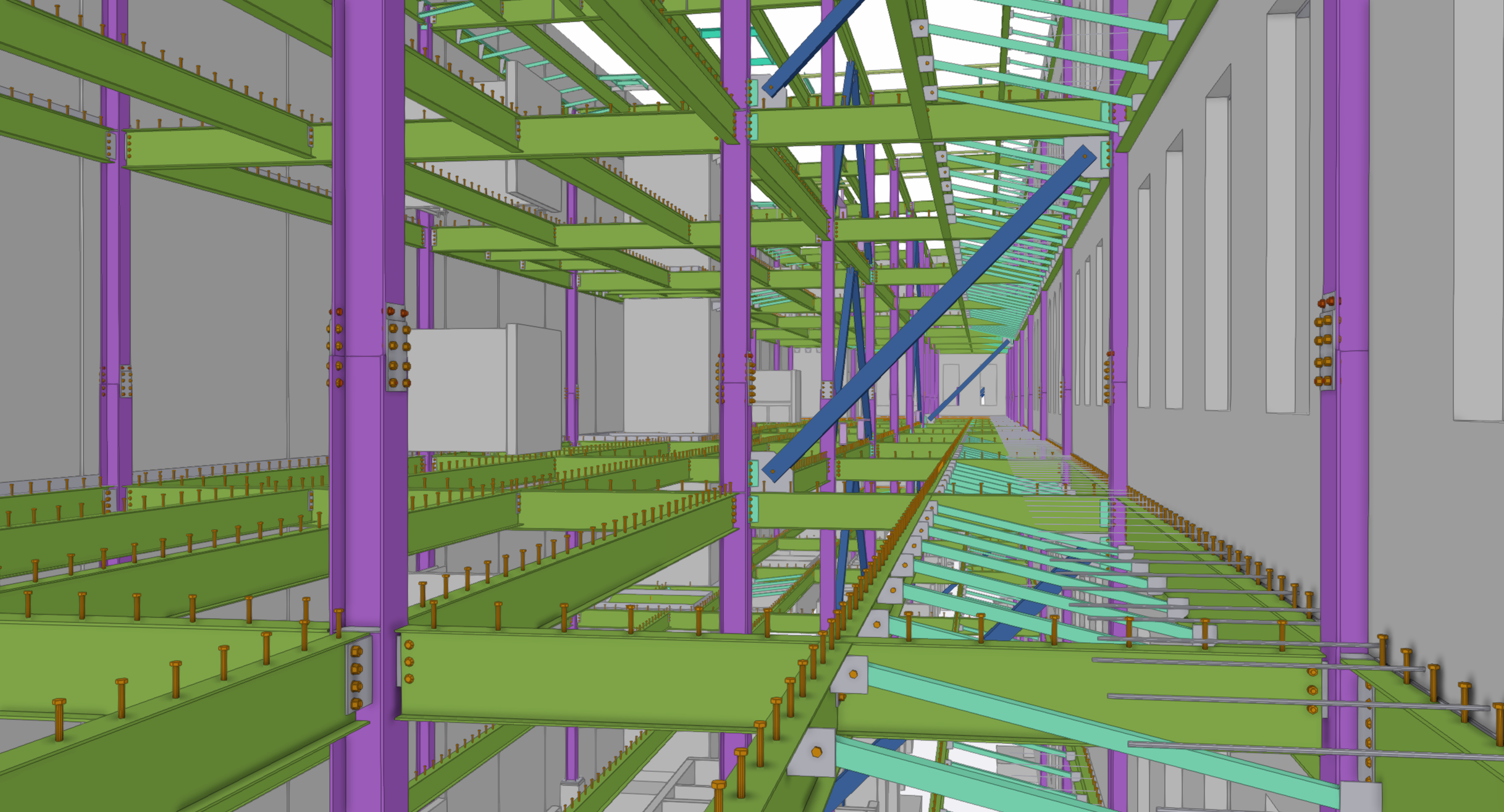 A digital architectural rendering of a building's steel framework in bright colors including green, purple, blue, and orange, showing multiple levels and structural elements.
