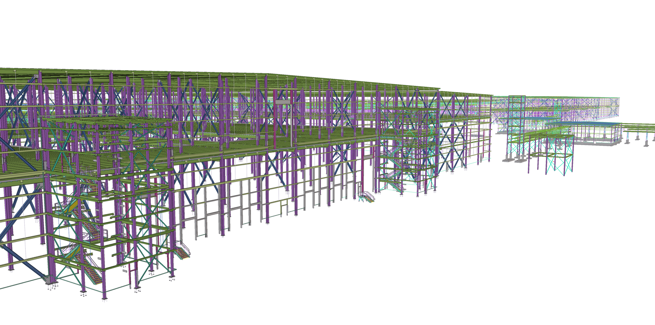 Digital model of a multi-story building framework with steel beams and supports, showing structural design with staircases and various levels.