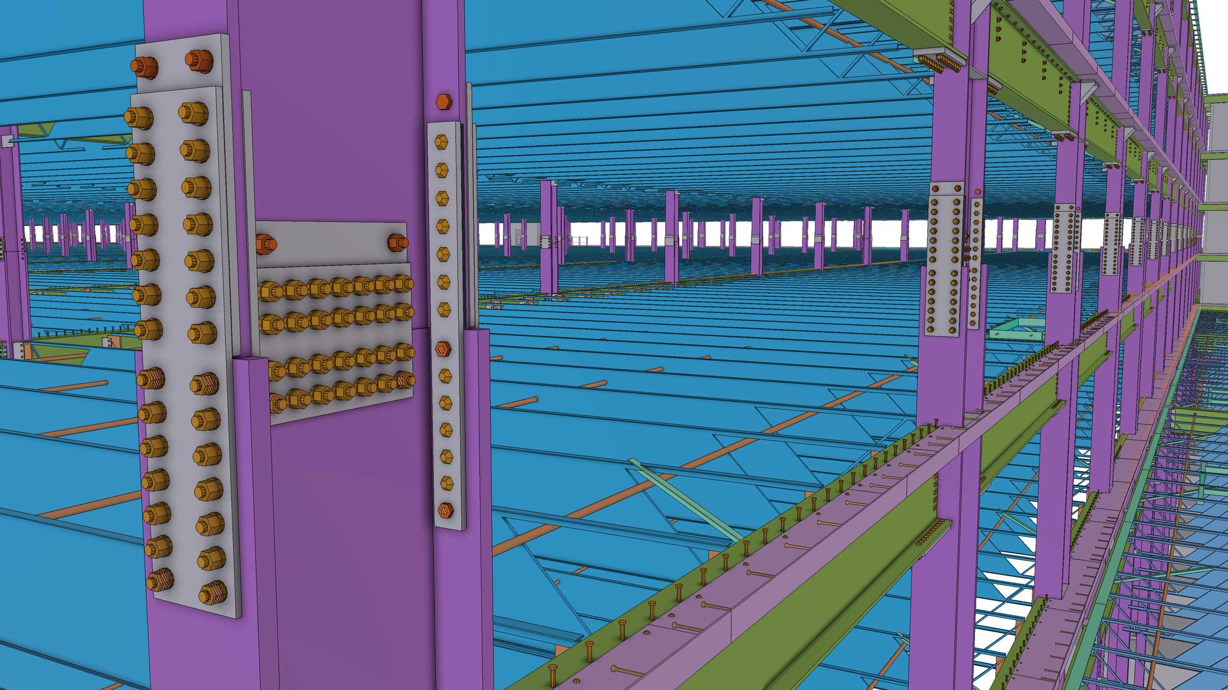 Colorful digital rendering of a large steel framework structure with purple, green, blue, and yellow beams, bolted joints, and multiple levels, resembling a construction or industrial building framework.