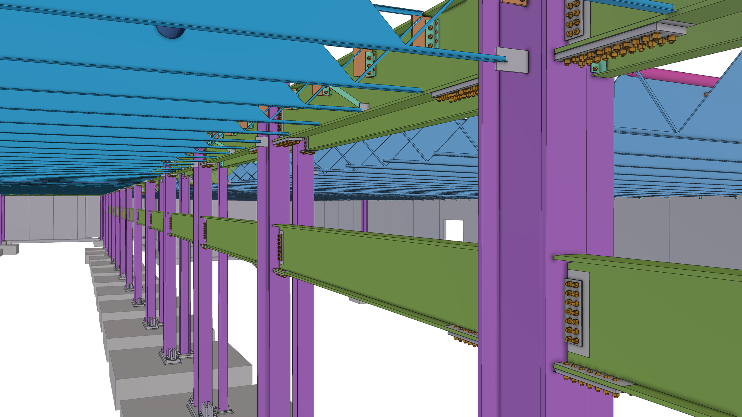 A digital rendering of a construction structural framework with purple columns, green beams, and blue panels, supported by concrete bases, with various fasteners and bolts visible.